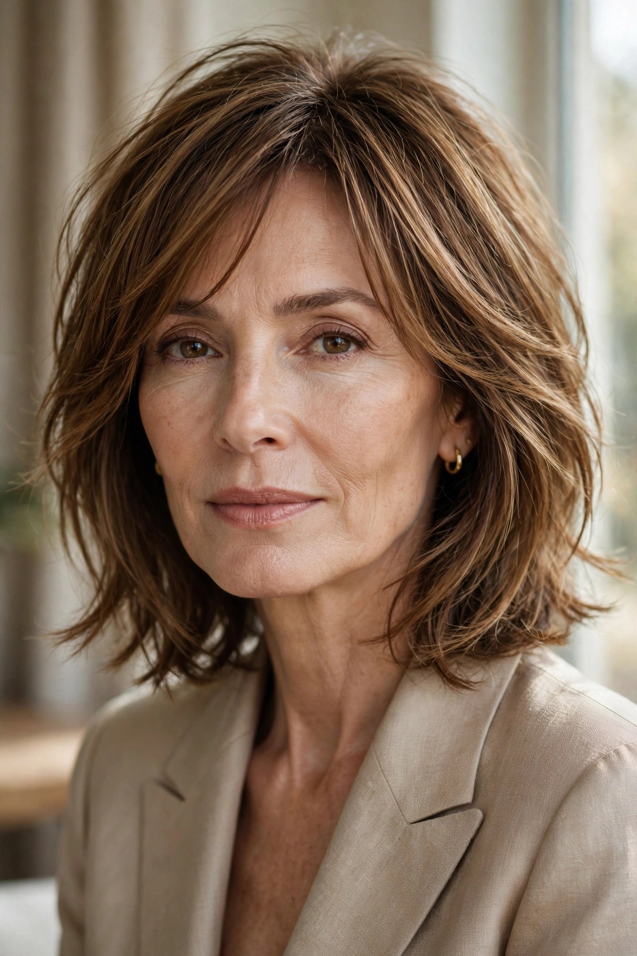 Caramel shaggy bob with precise deliberate layers