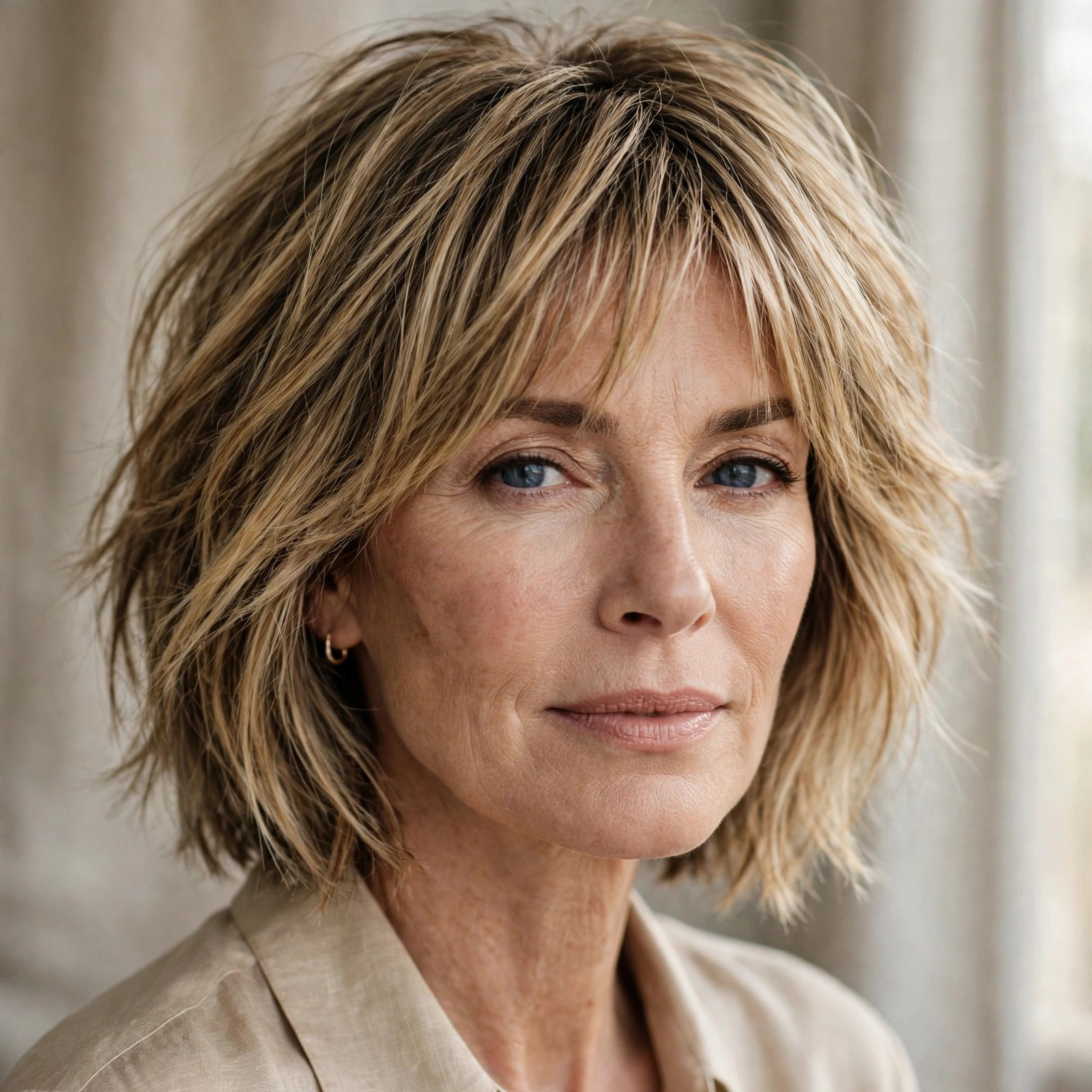 Golden blonde shaggy bob with dimensional highlights