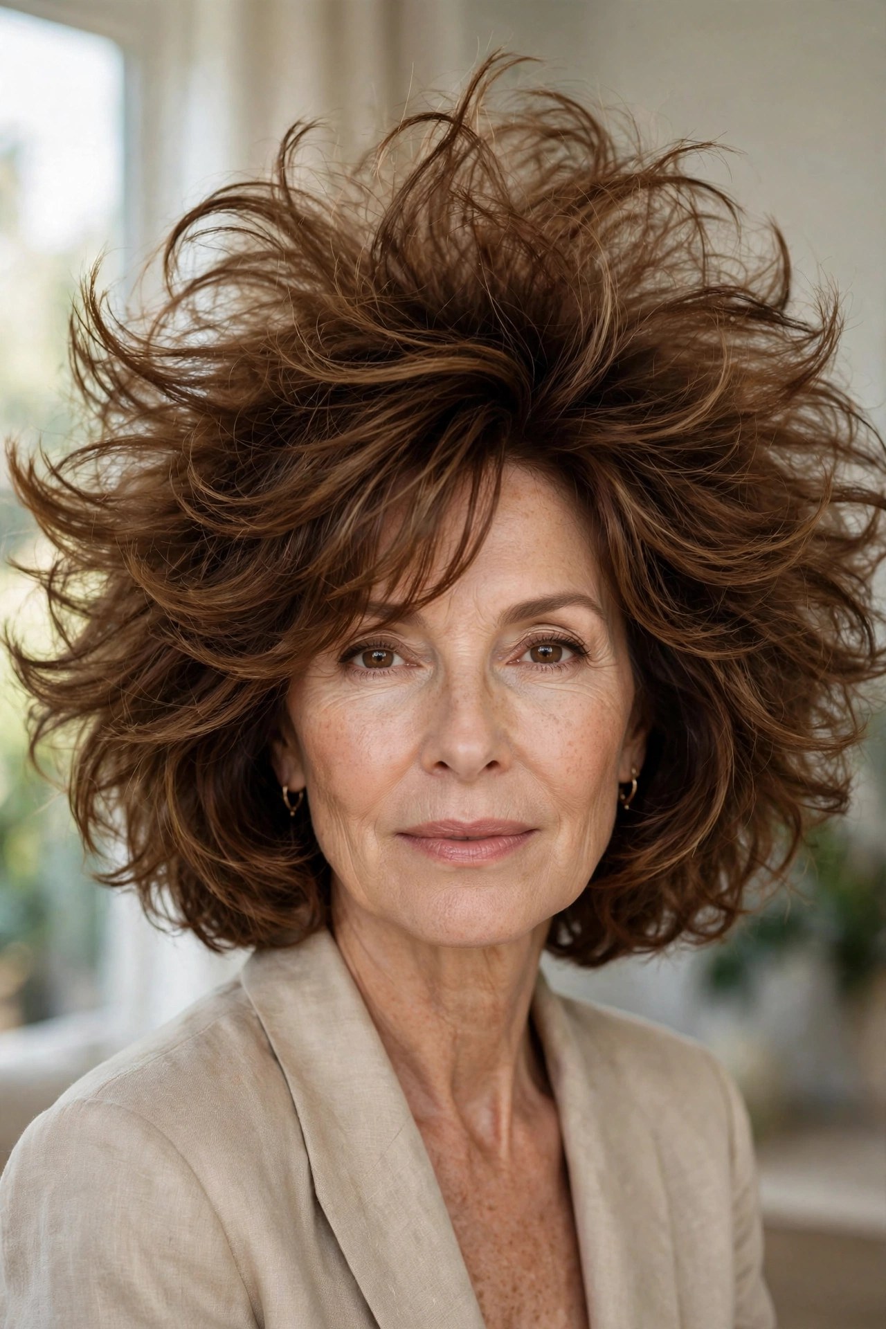 Voluminous chestnut shaggy bob with explosive root lift