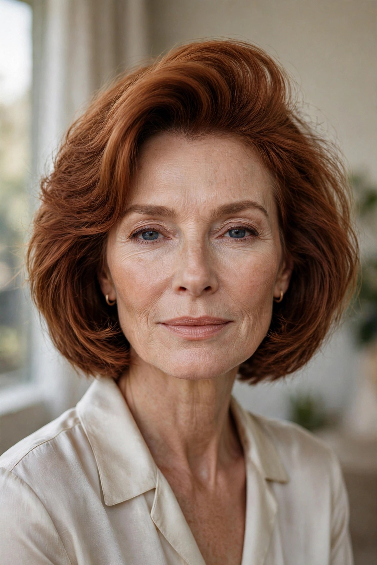 Auburn shaggy bob with roller-set crown volume