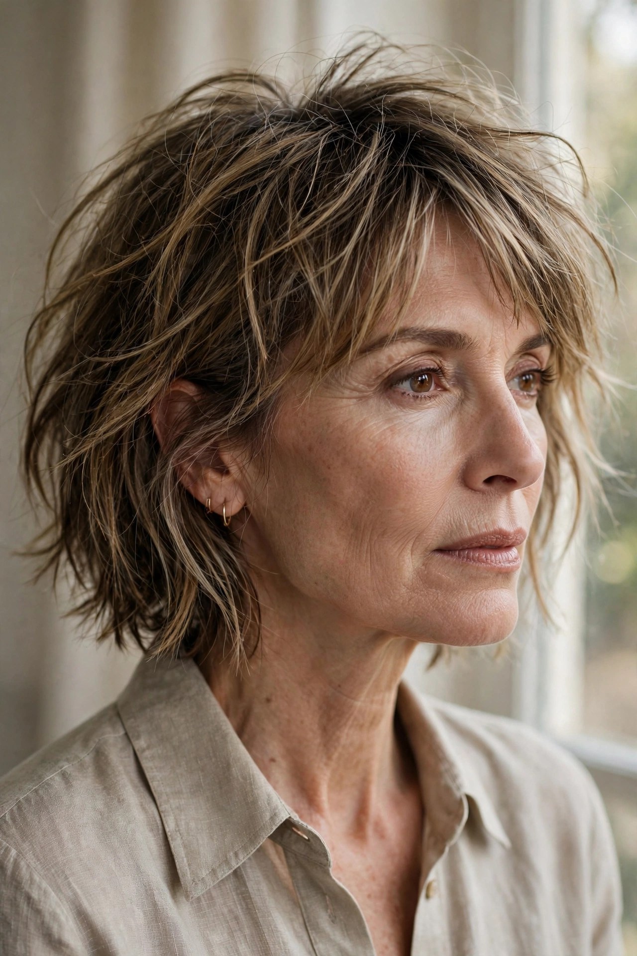 Dark blonde shaggy bob with dry-texture separation