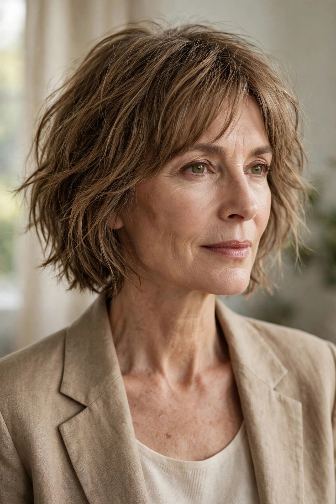 Light brown second-day shaggy bob with natural texture