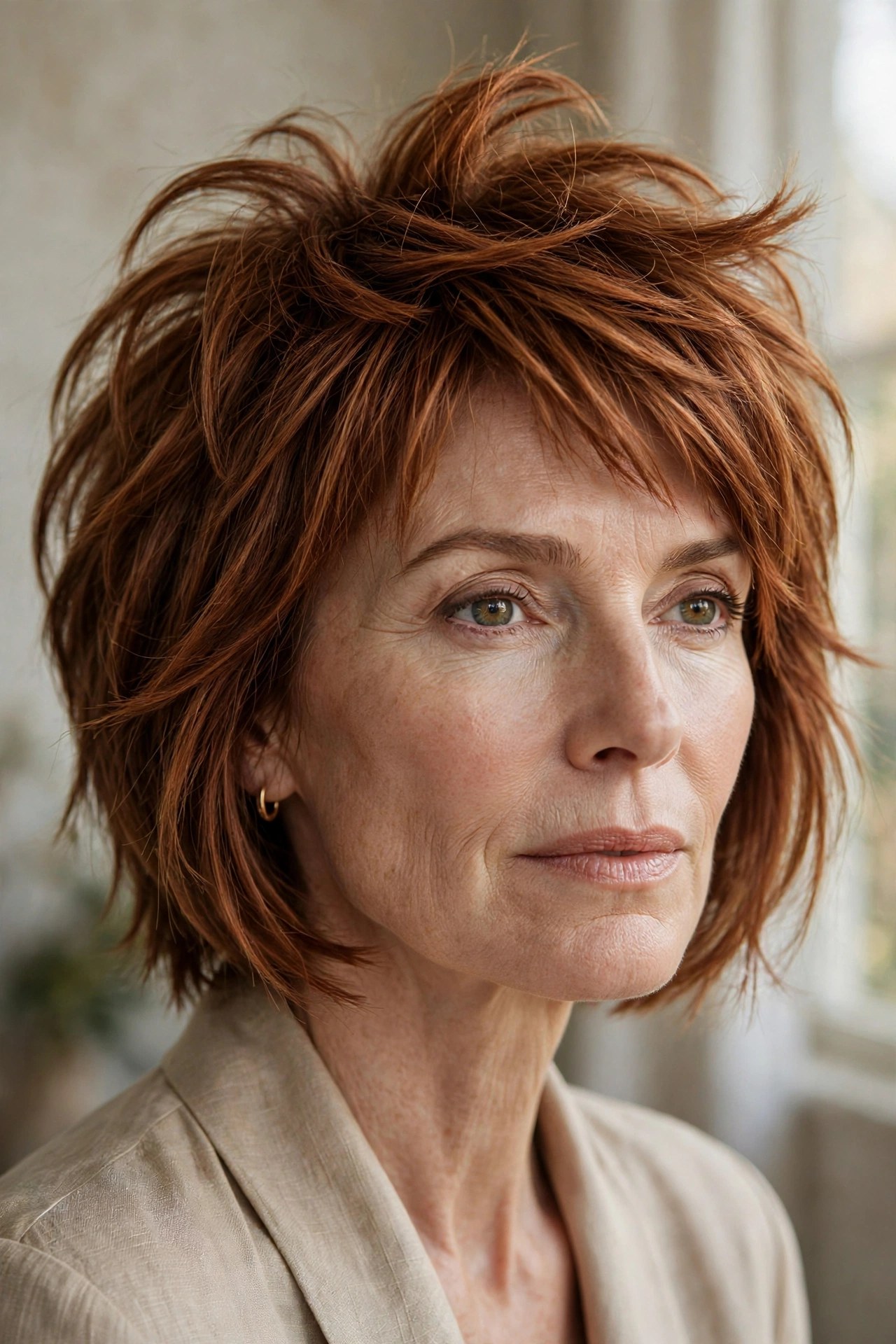 Copper shaggy bob with pixie-short crown