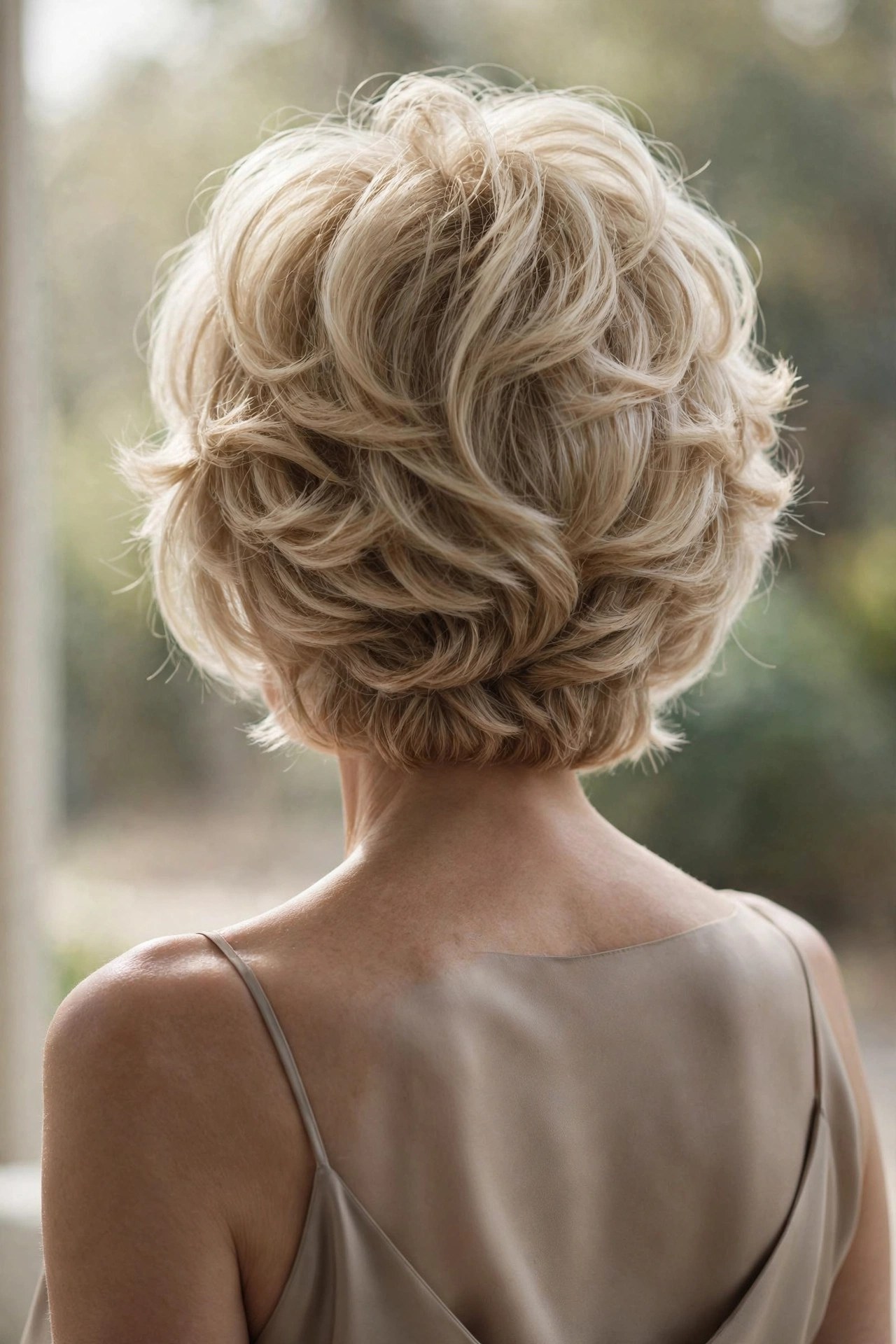 Blonde stacked shaggy bob back view