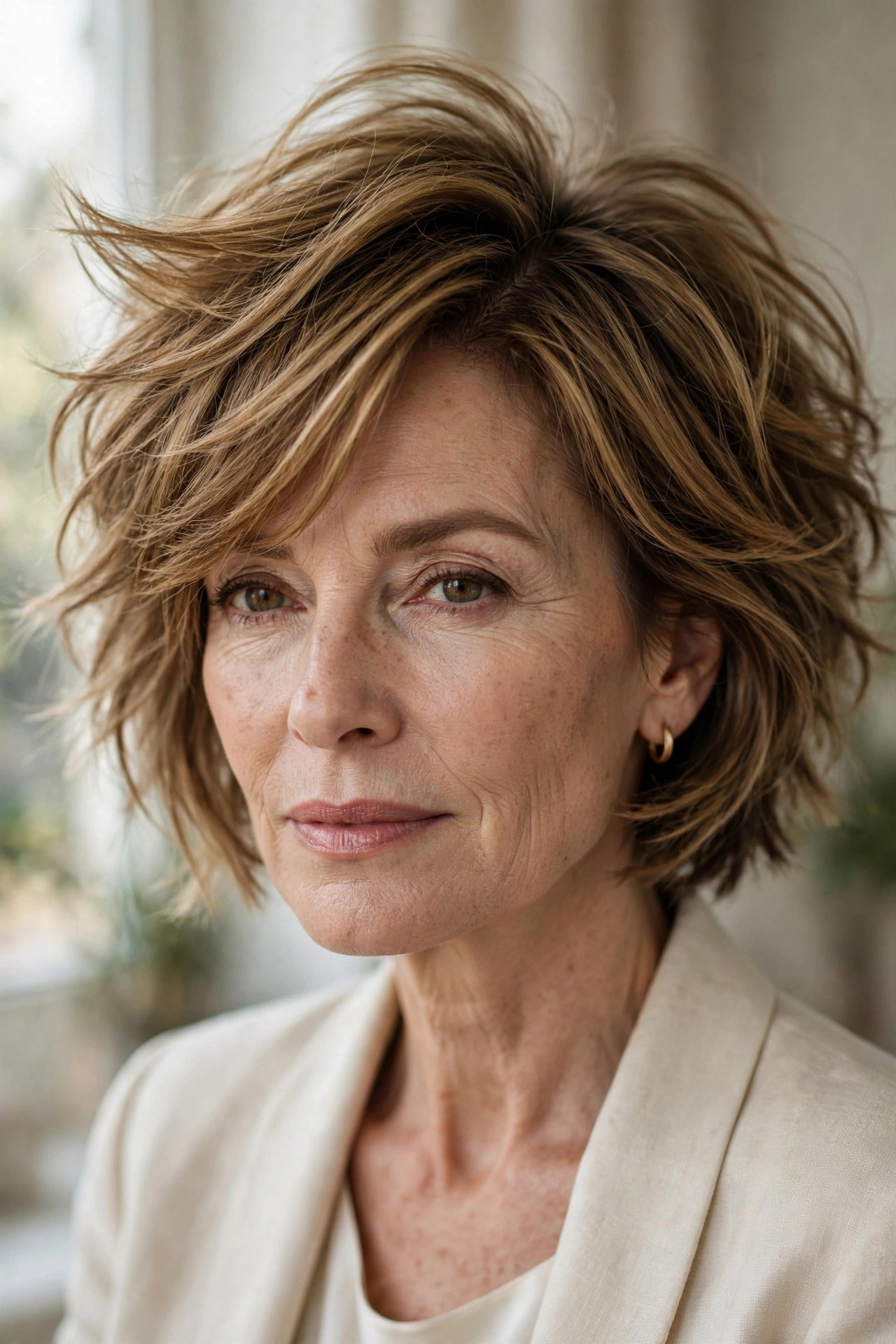 Golden brown shaggy bob with deep side part