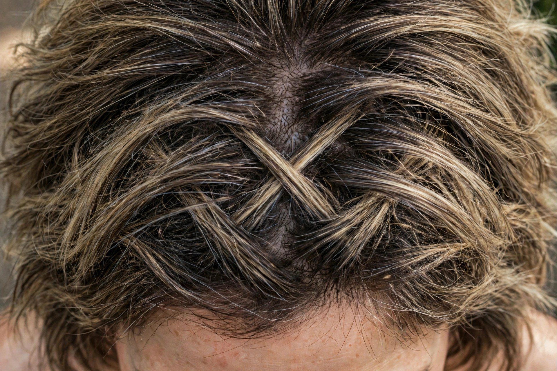 Dark blonde shaggy bob with zigzag part at crown