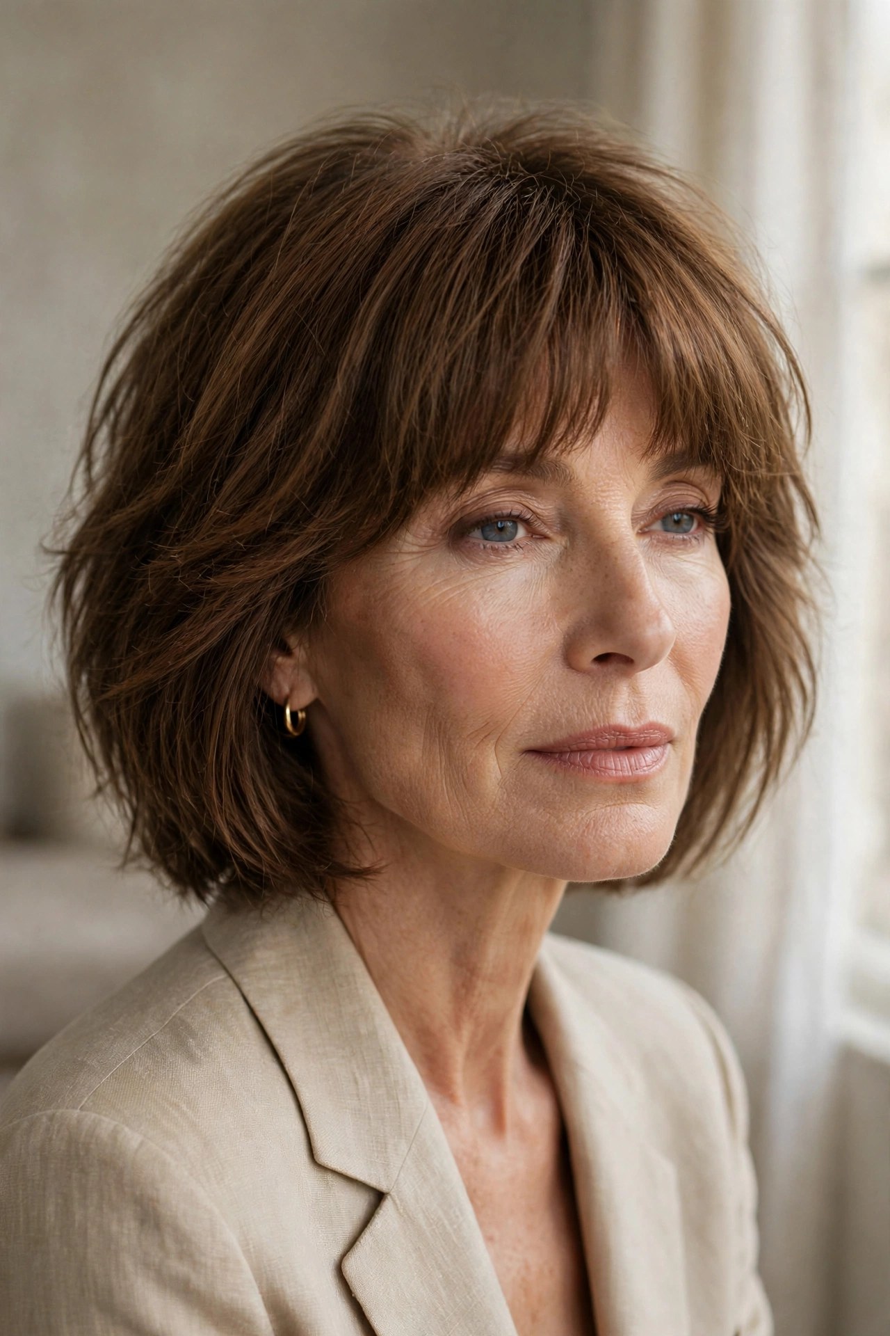 Warm brown shaggy bob with soft full fringe