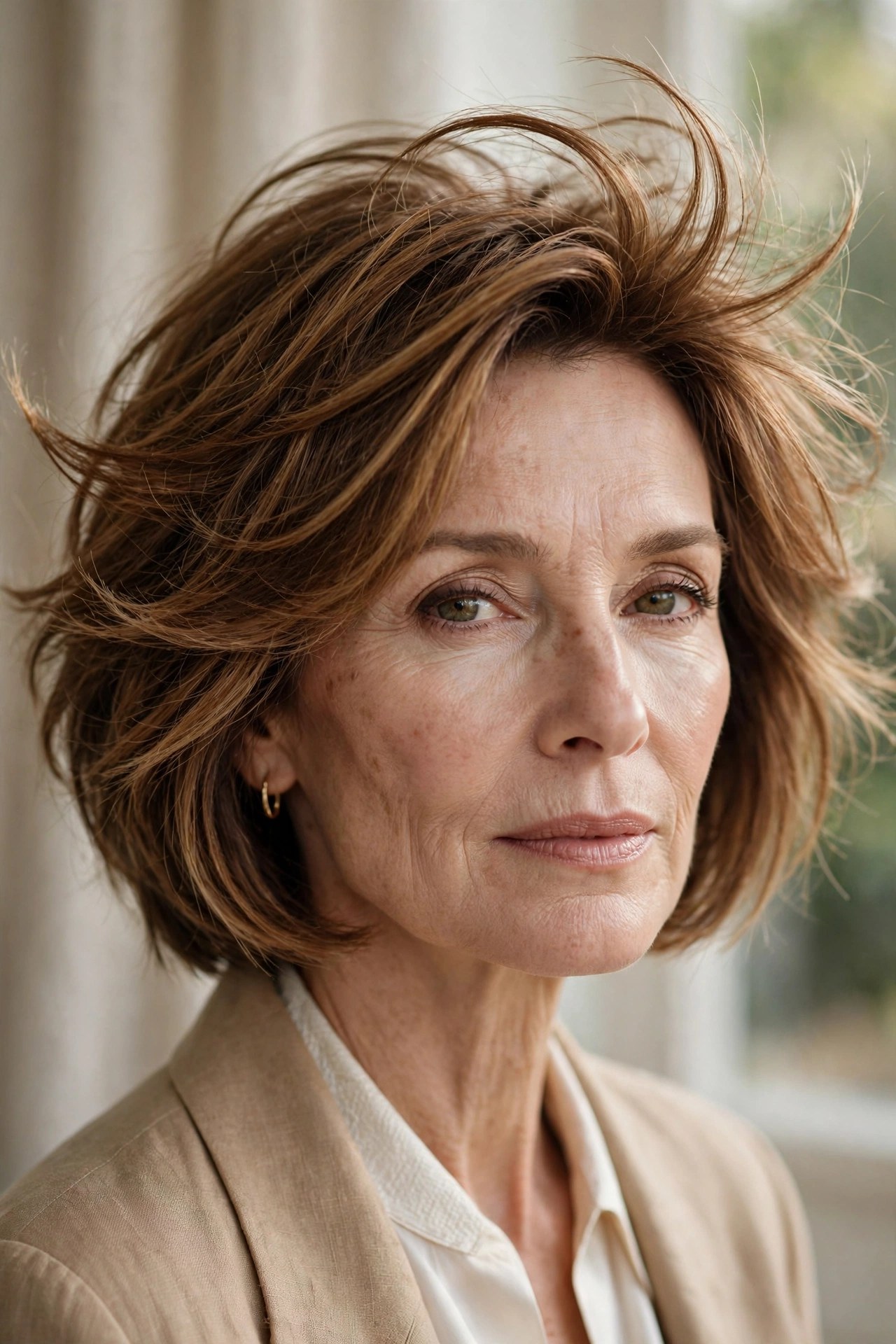 Caramel shaggy bob with cheekbone-grazing layers