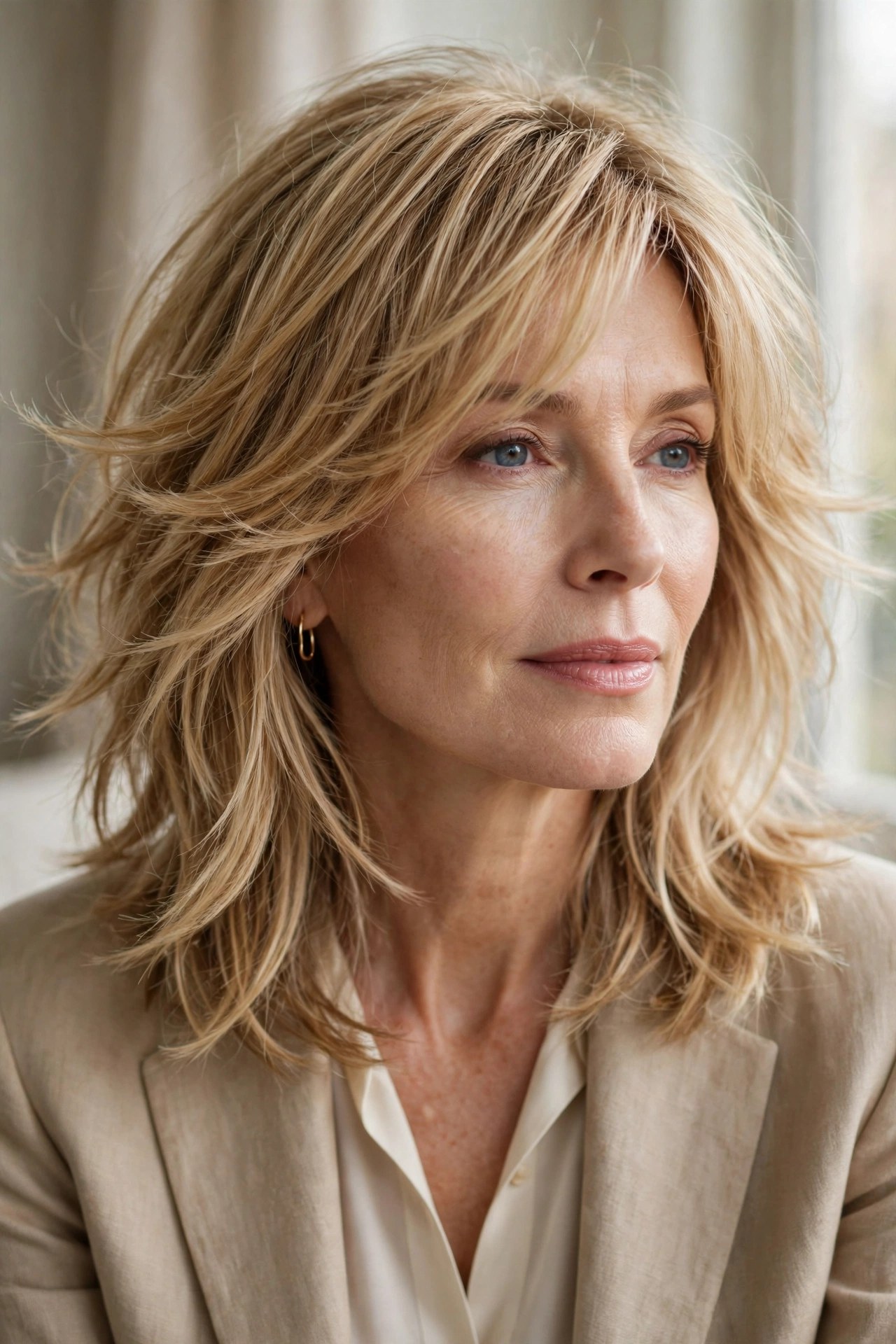 Honey blonde collarbone-grazing shaggy bob