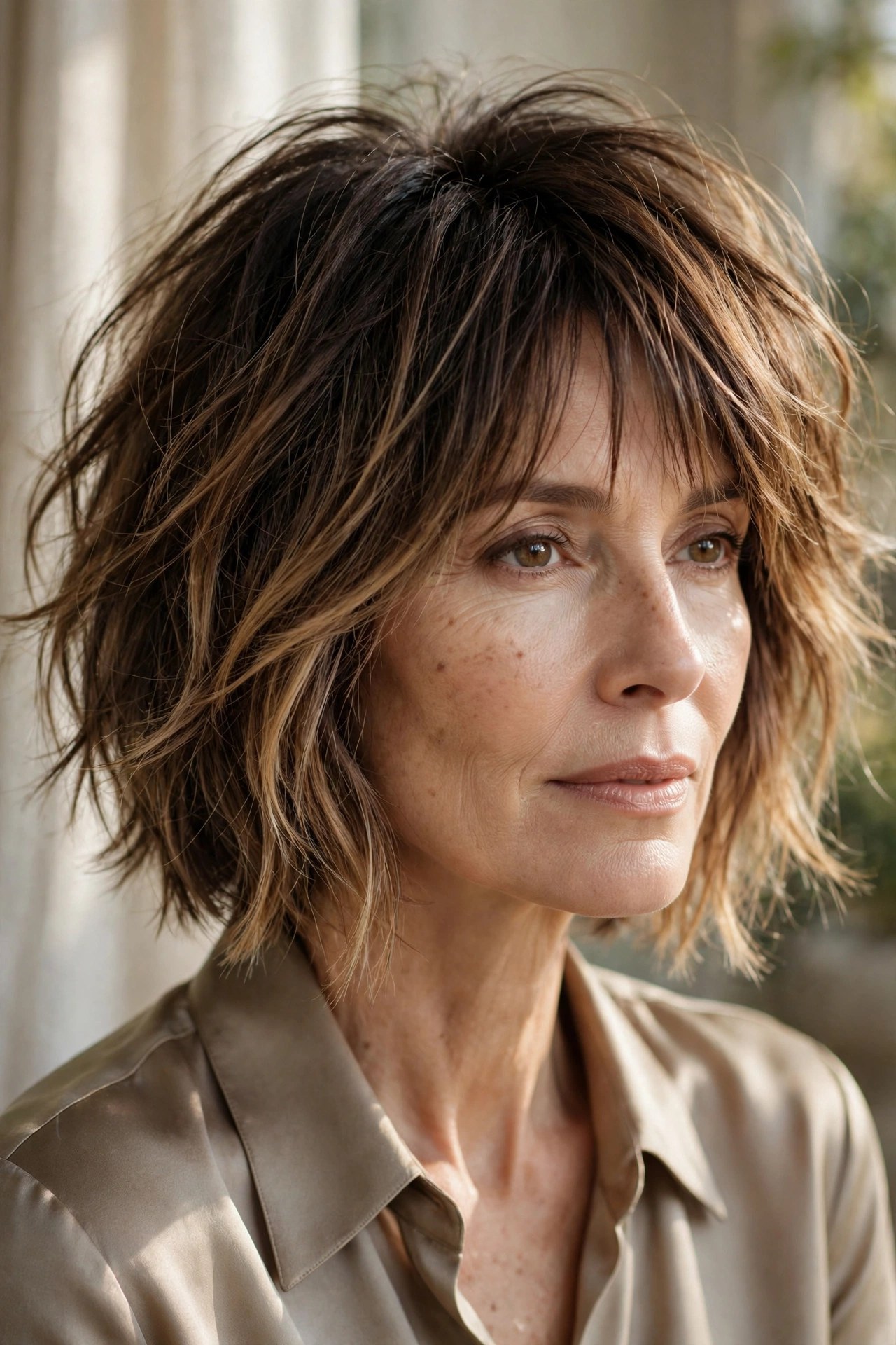 Shaggy bob with root shadow melting into caramel ends