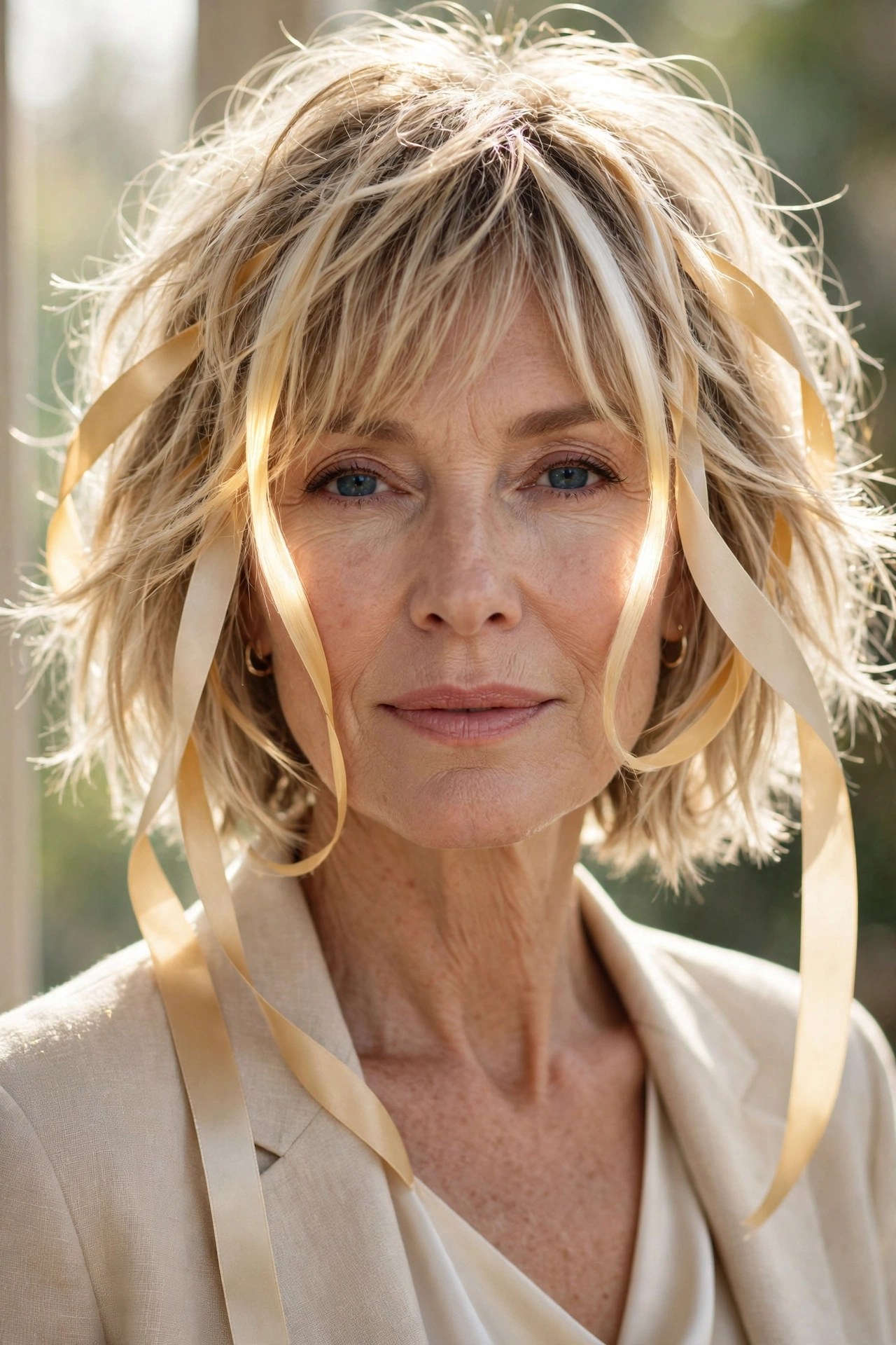 Shaggy bob with bright money pieces around the face