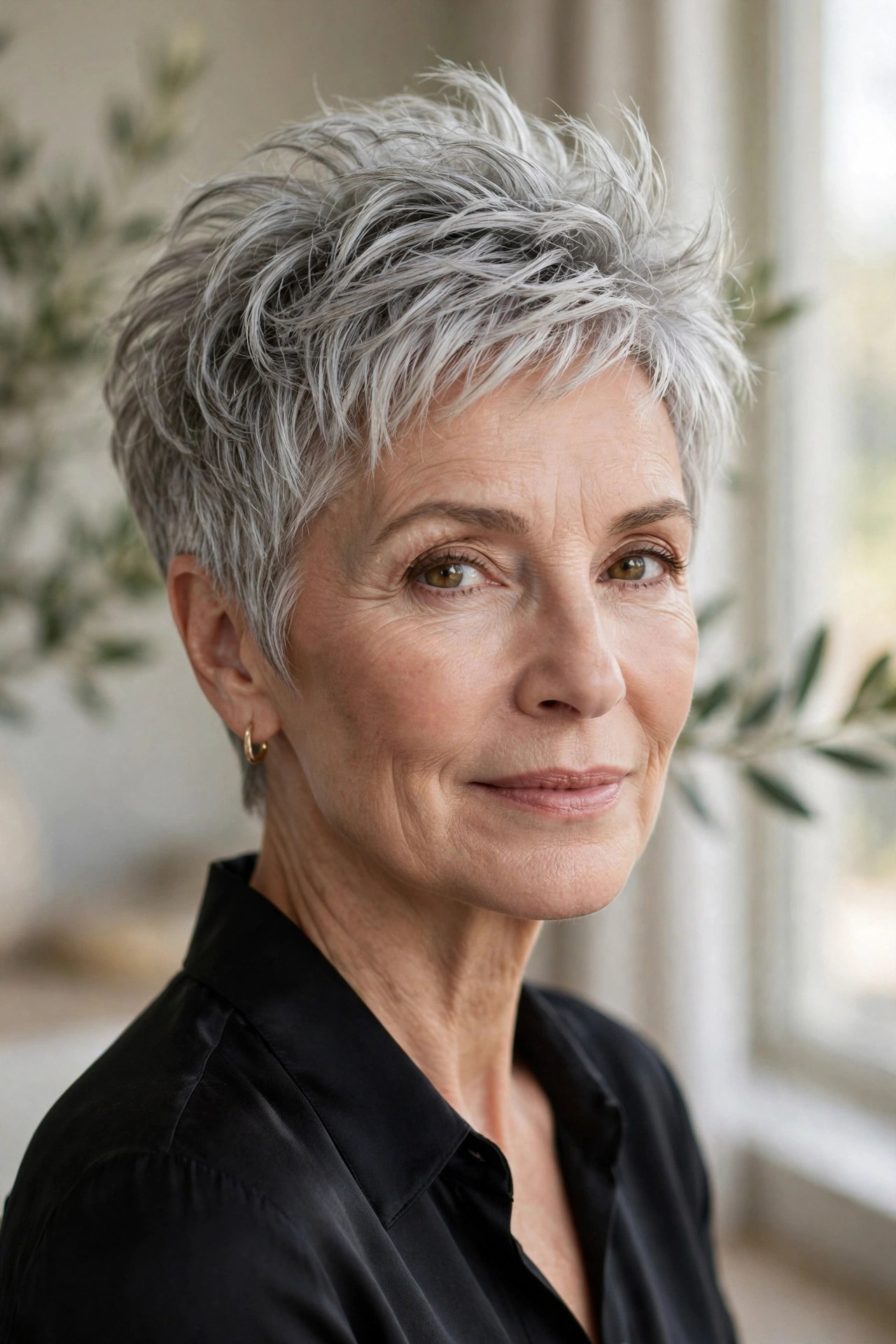 Short pixie haircut with lifted height at the crown on a woman in her 60s