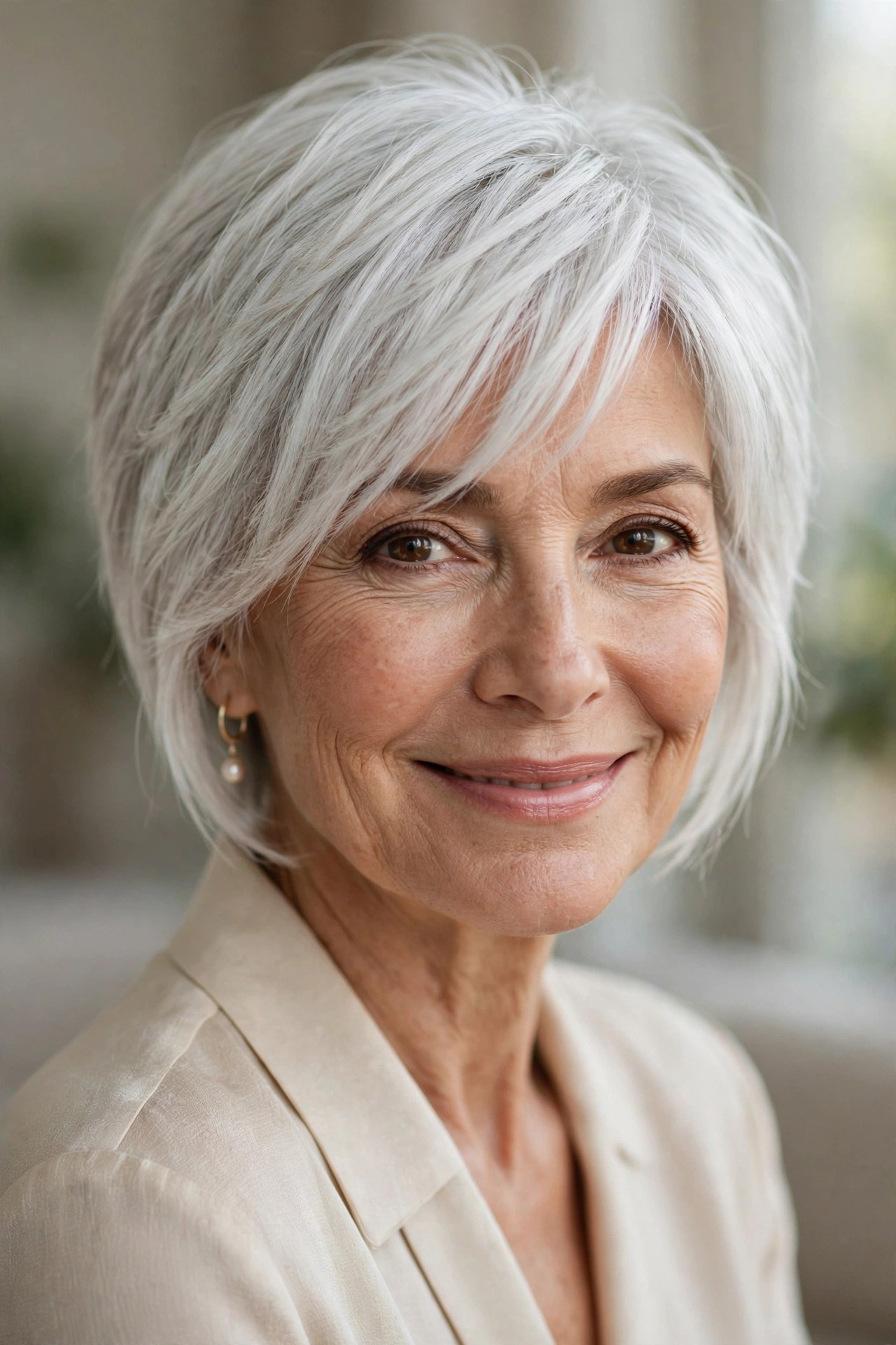 Pixie bob haircut with longer layers on top on a woman in her 60s
