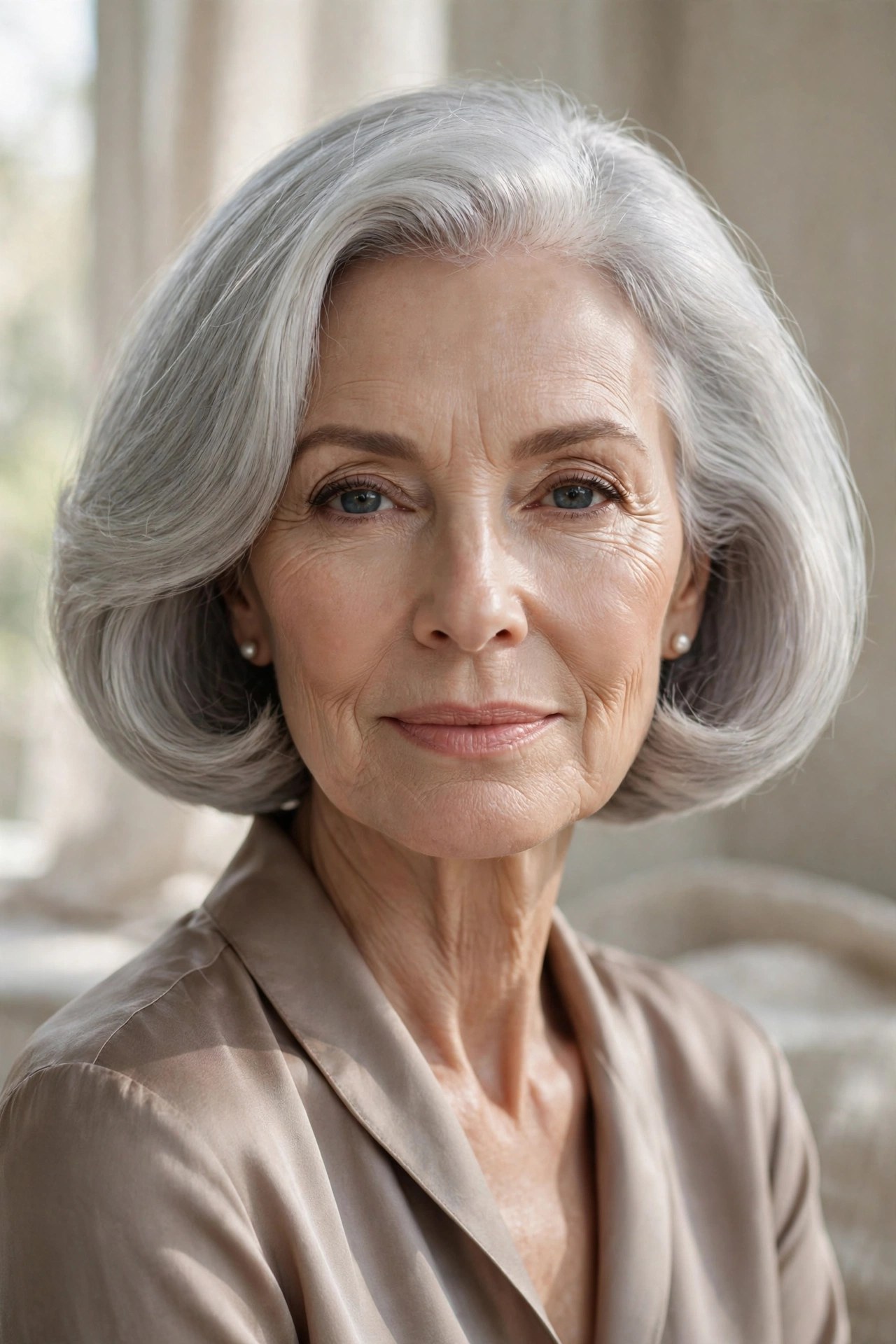 Rounded silver bob haircut with smooth curved shape on a woman in her 60s