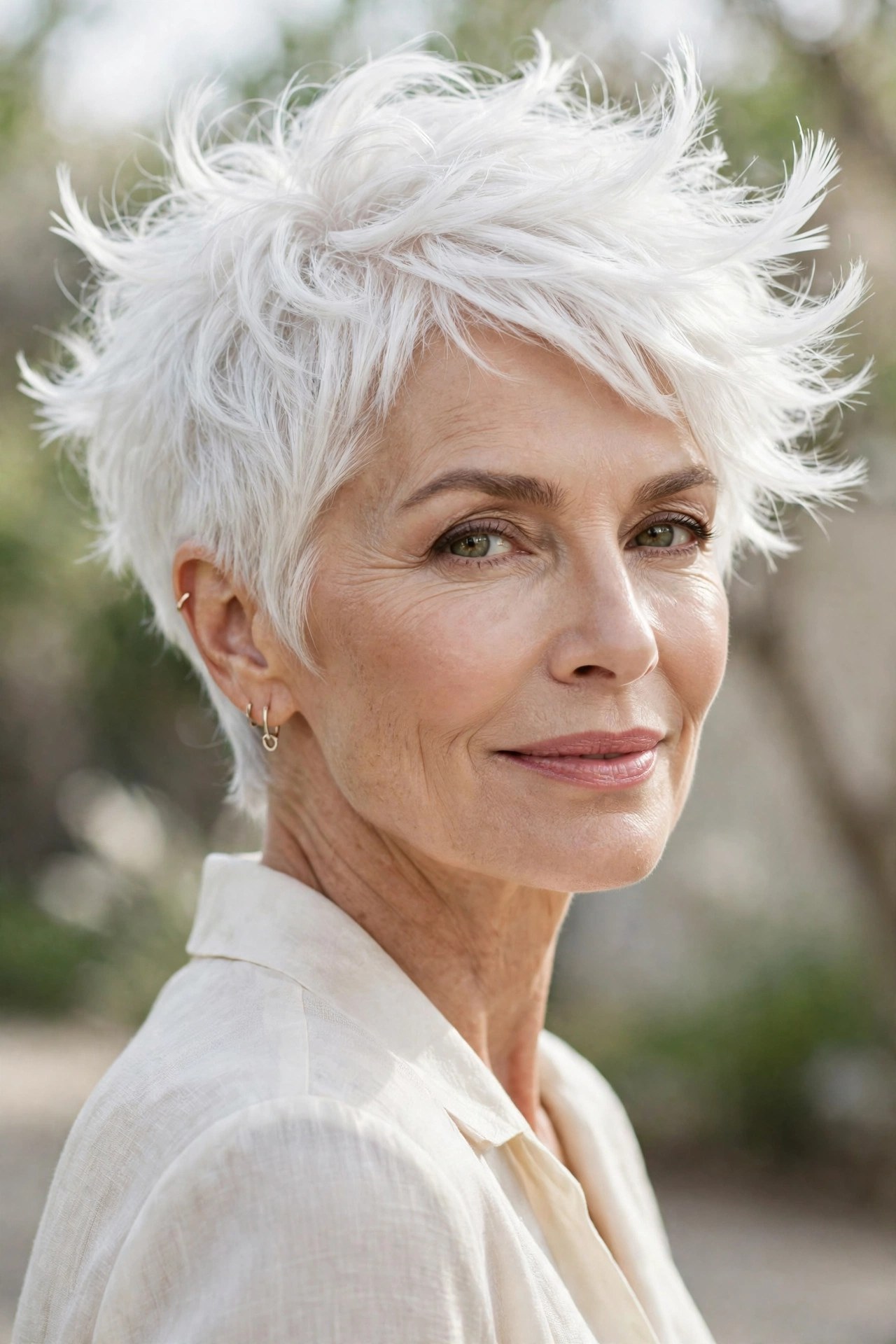 Icy white feathered short haircut on a woman in her 60s