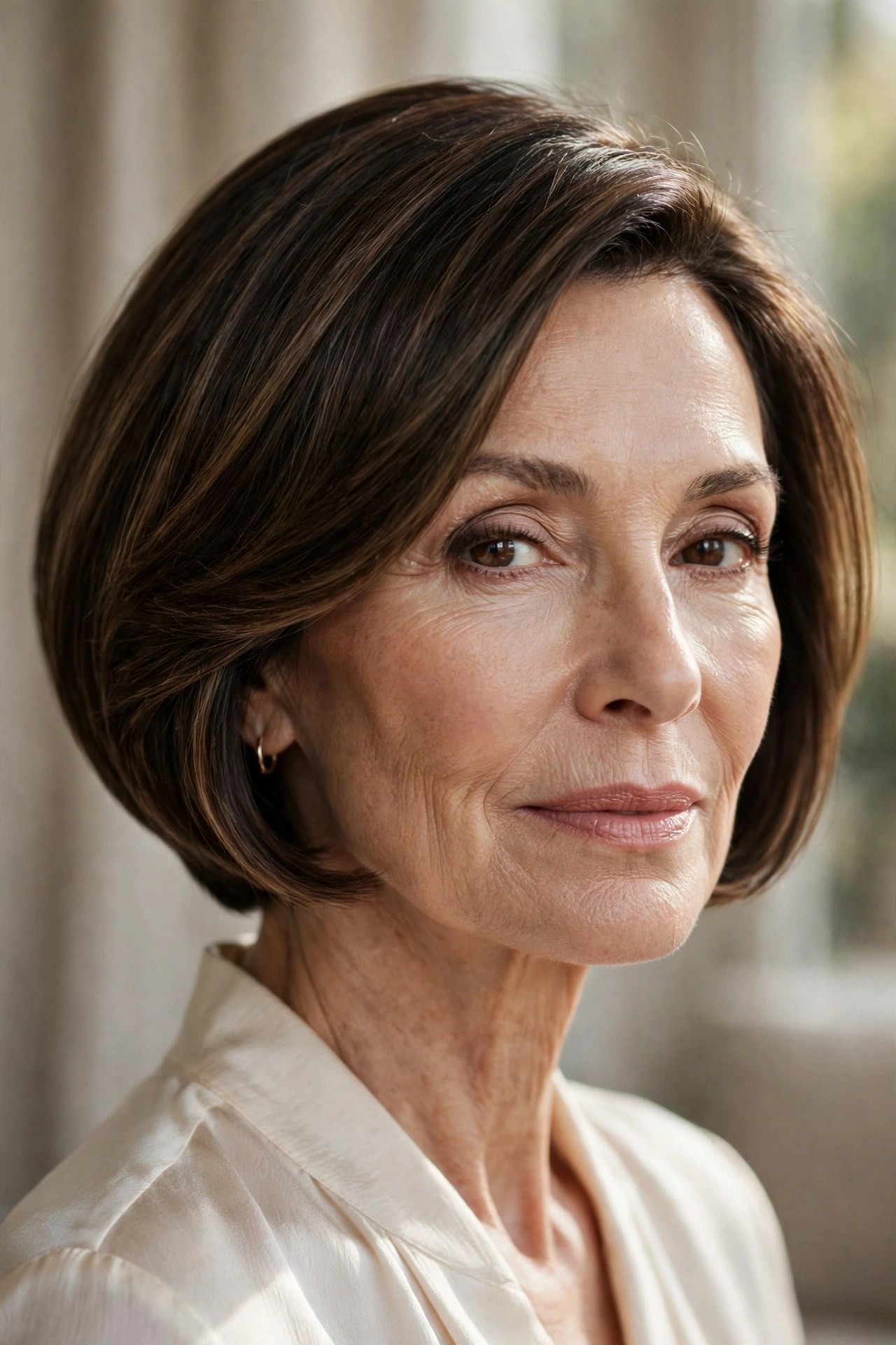 Layered tapered bob haircut on a woman in her 60s