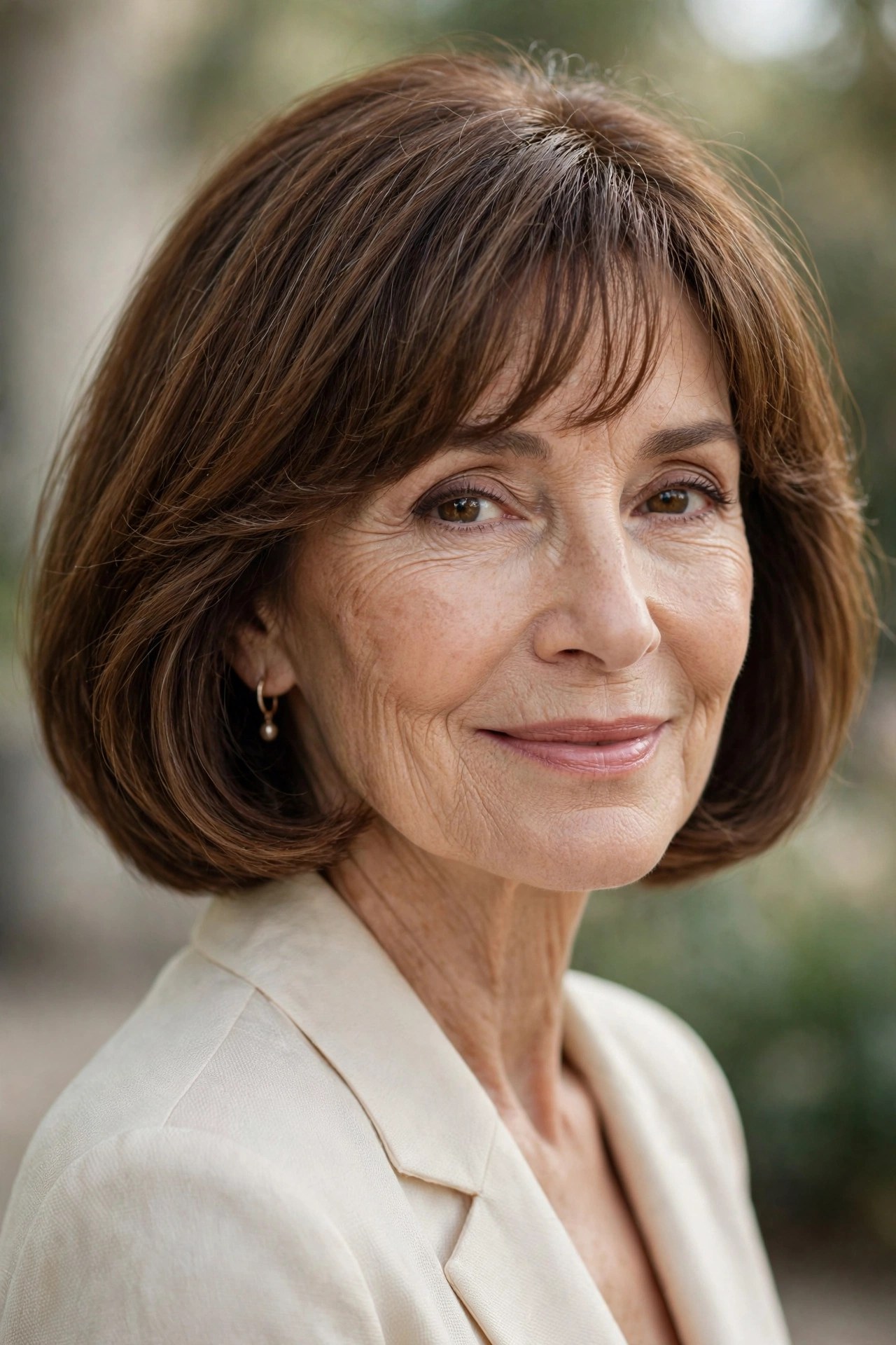 Rounded bob haircut with soft light fringe on a woman in her 60s