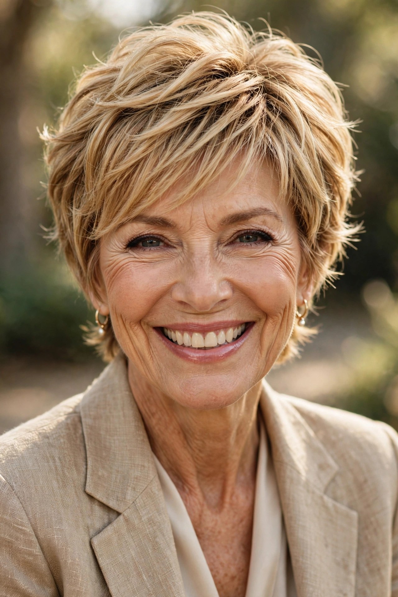 Golden blonde layered pixie haircut on a woman in her 60s