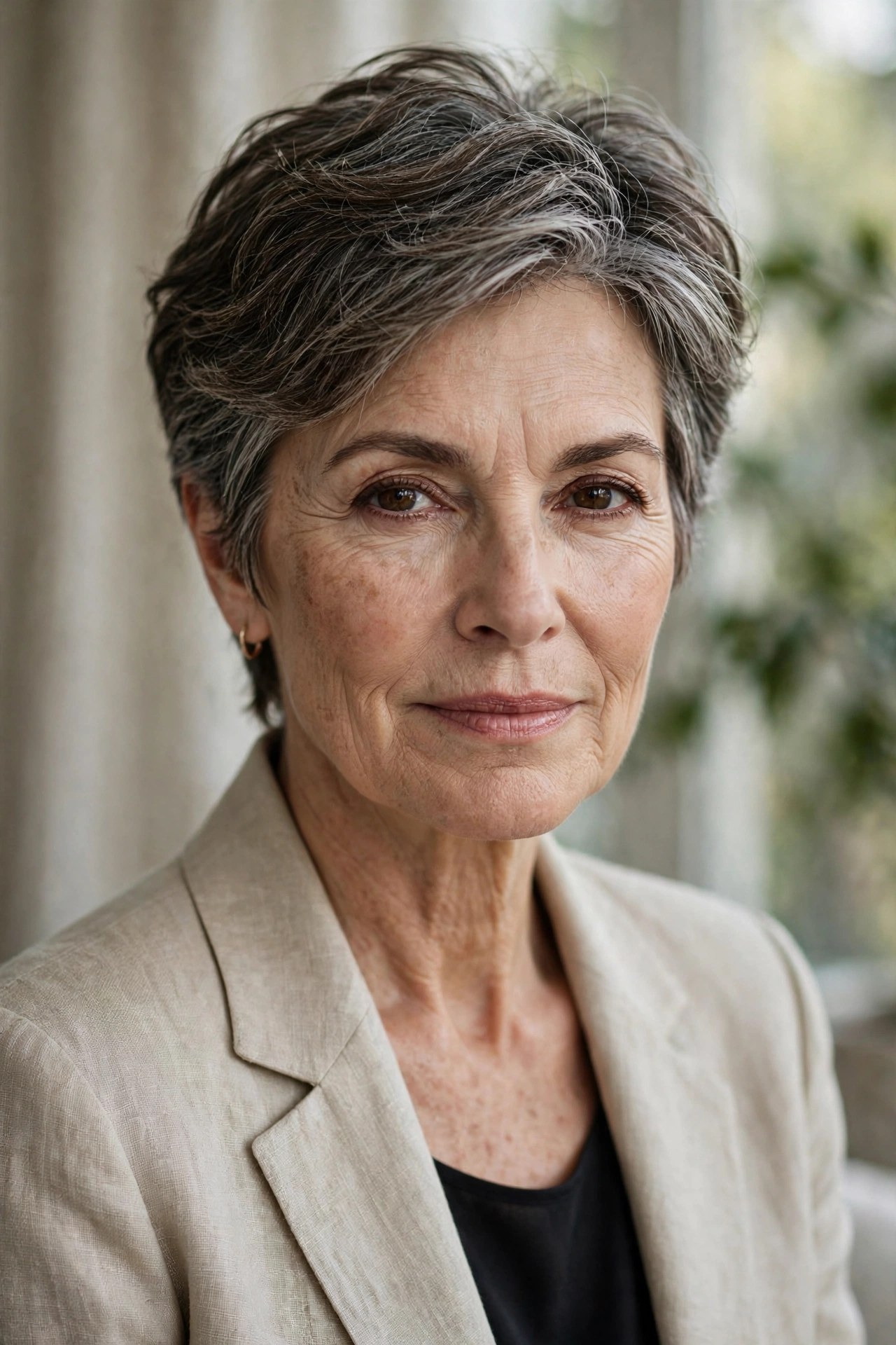 Salt-and-pepper layered crop haircut on a woman in her 60s