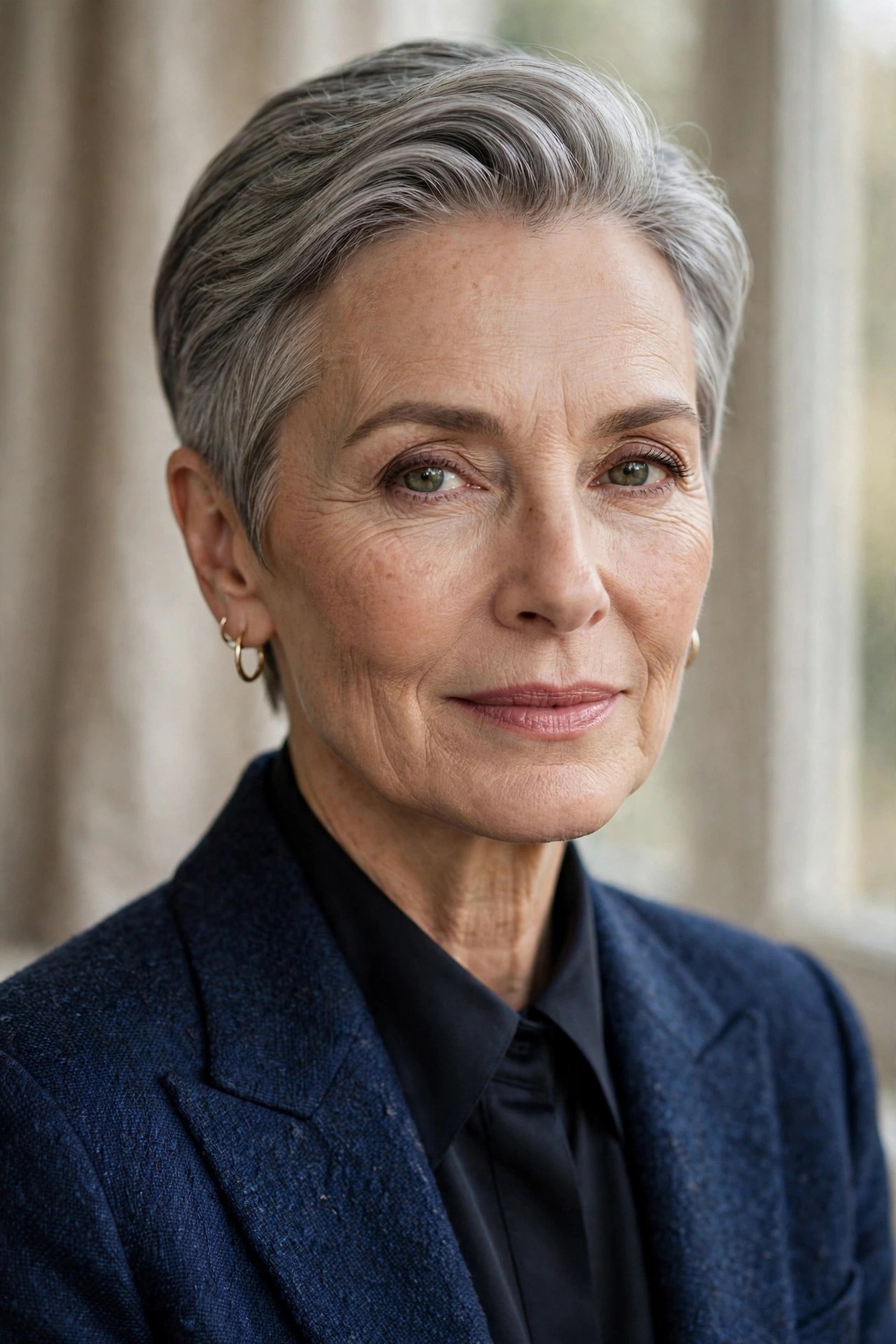 Gray pixie haircut brushed back from the face on a woman in her 60s