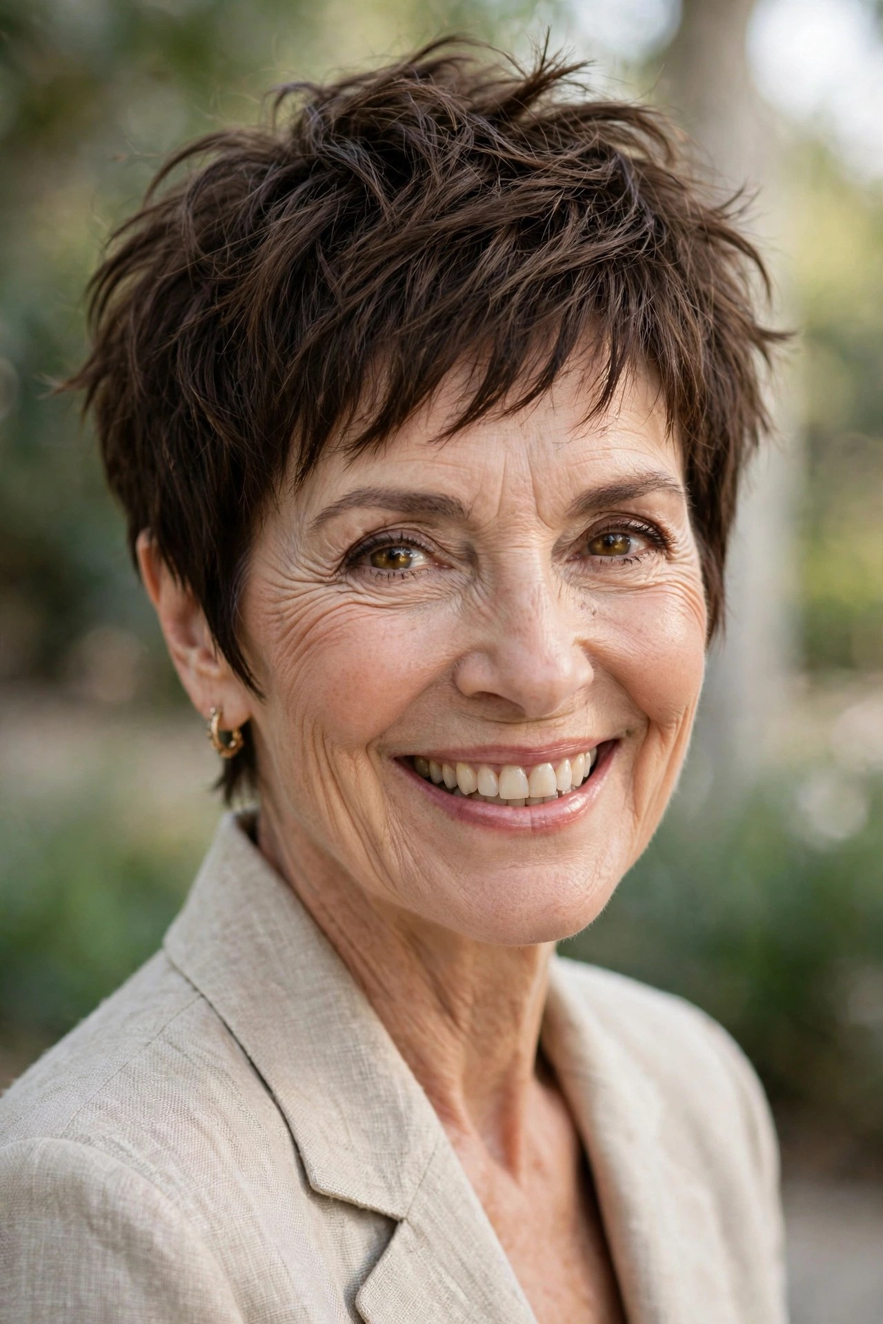Choppy brunette pixie haircut on a woman in her 60s