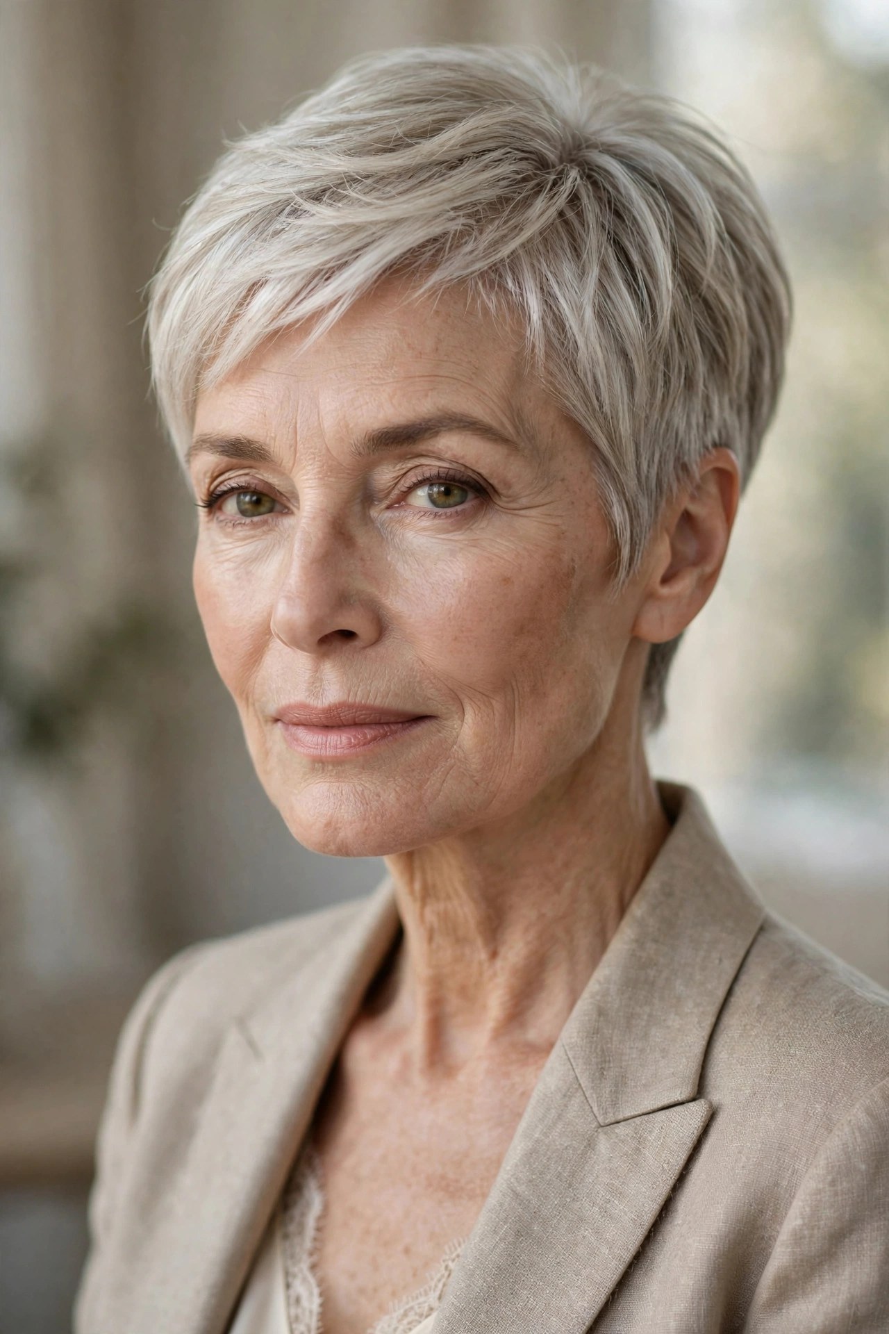 Classic tapered pixie haircut on a woman in her 60s