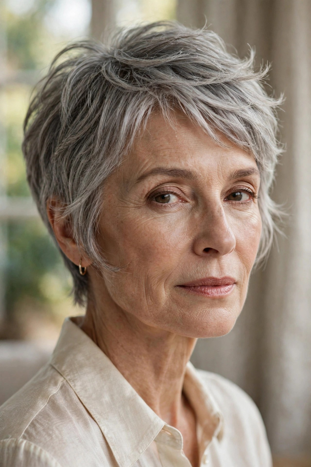 Gray pixie haircut with soft sideburn pieces on a woman in her 60s
