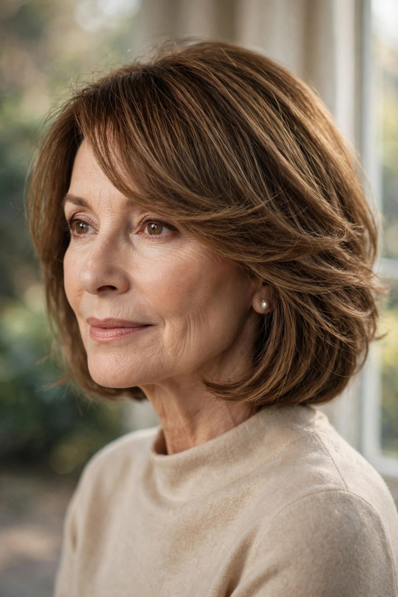 Feathered bob haircut with long side fringe on a woman in her 60s