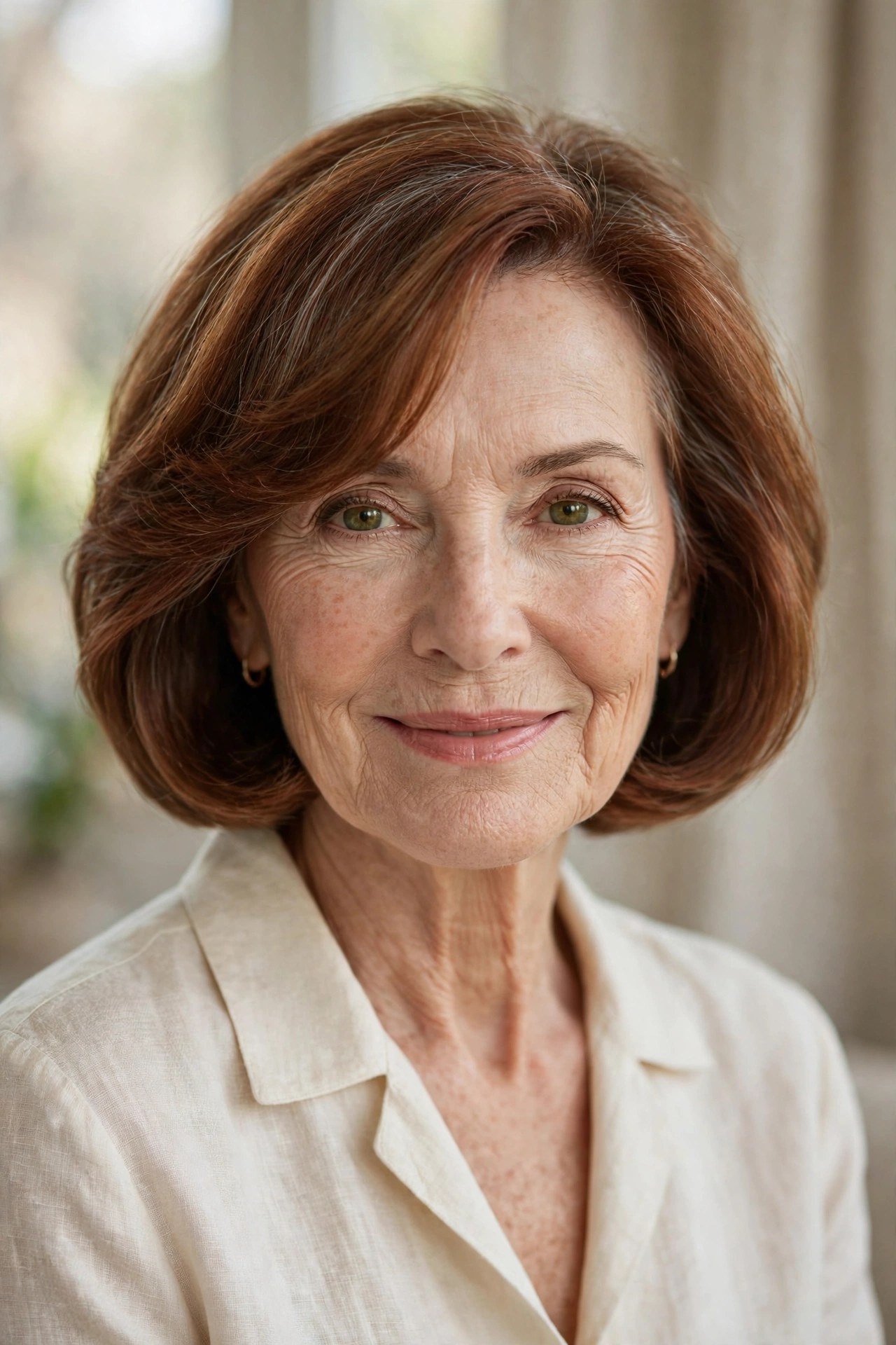 Softly rounded bob with side-swept front layers on a woman in her 60s