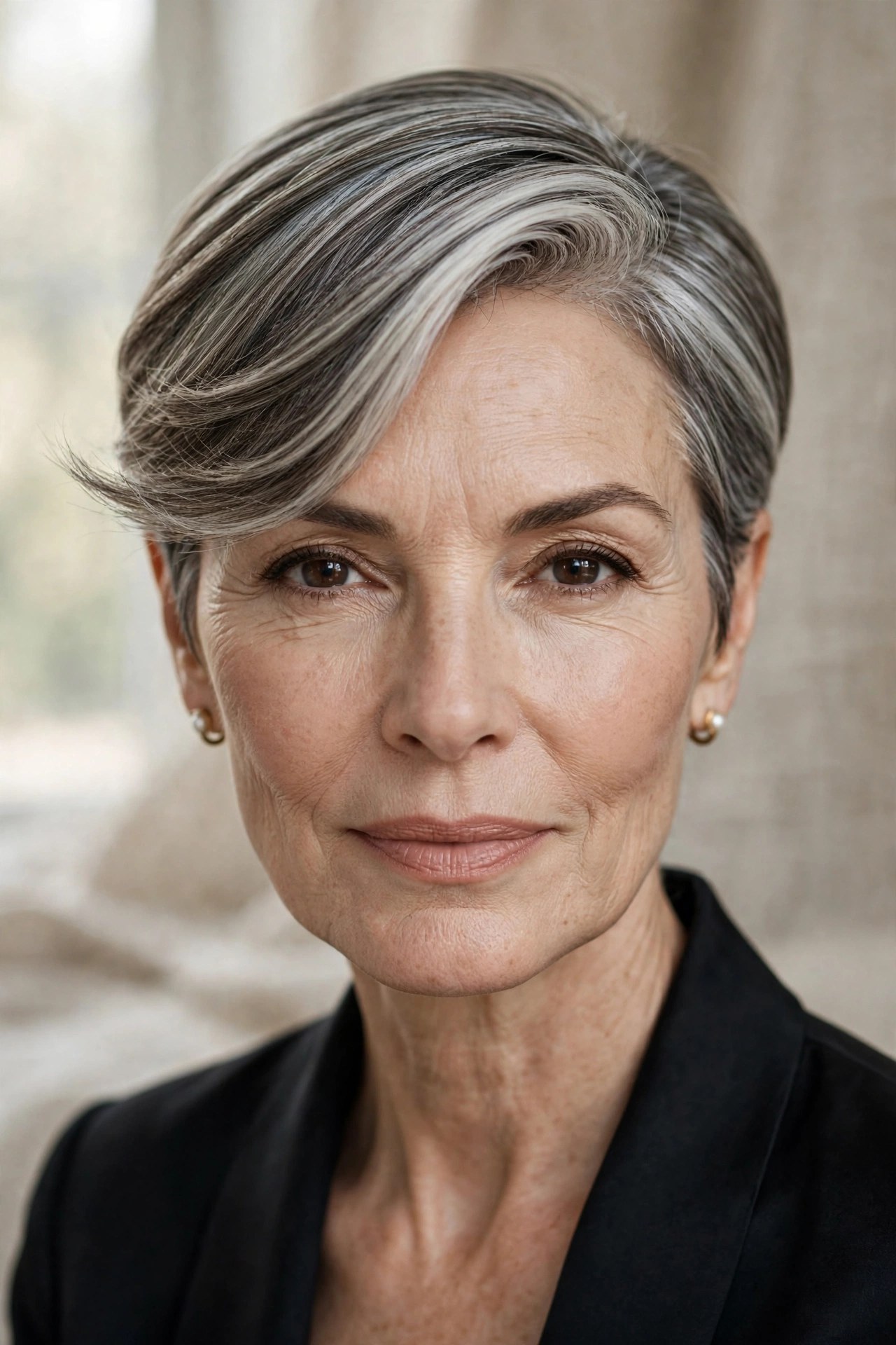 Smooth short crop with side-swept top on a woman in her 60s