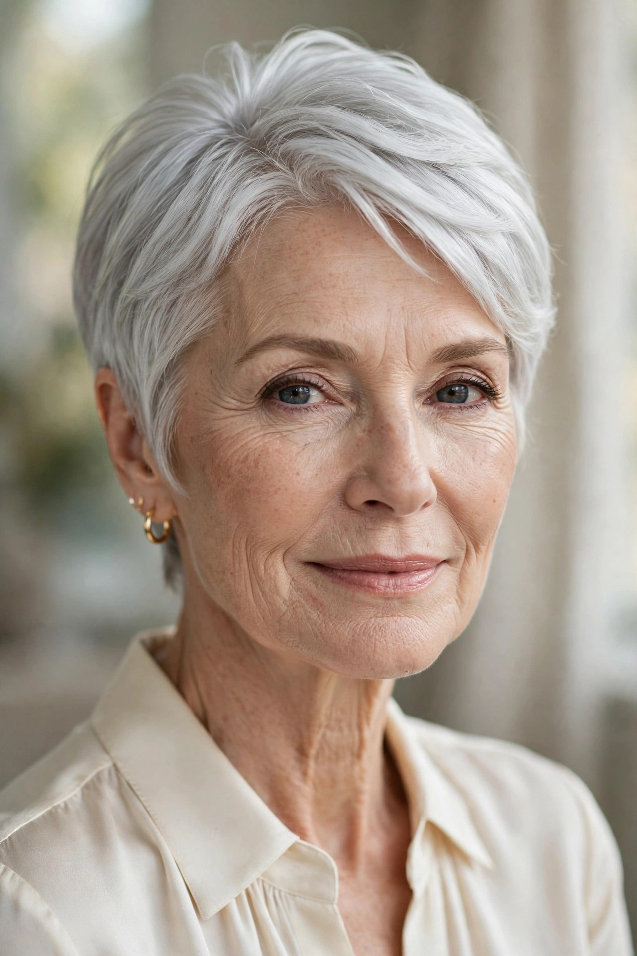 Smooth silver pixie haircut with polished layers on a woman in her 60s