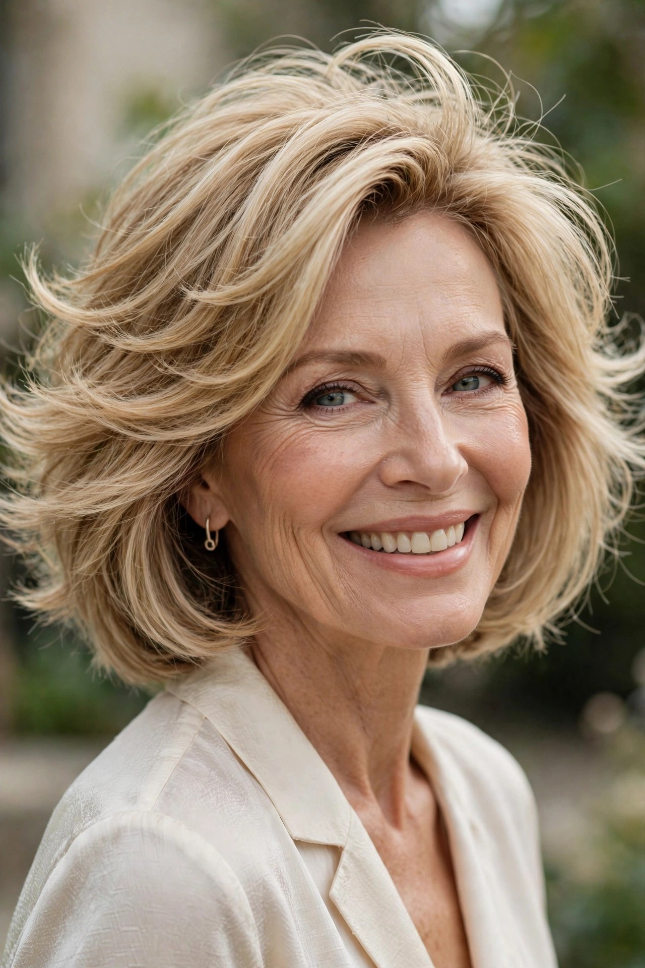 Layered bob haircut with lifted bouncy layers on a woman in her 60s