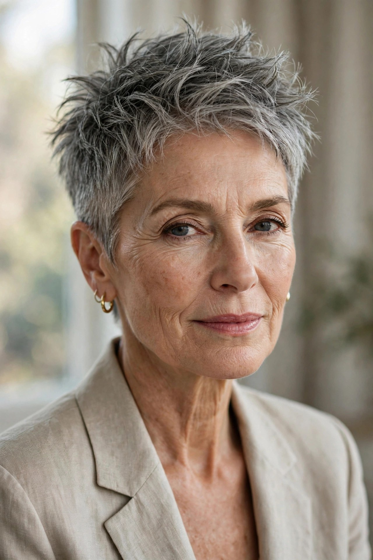Textured gray crop haircut with piecey top on a woman in her 60s
