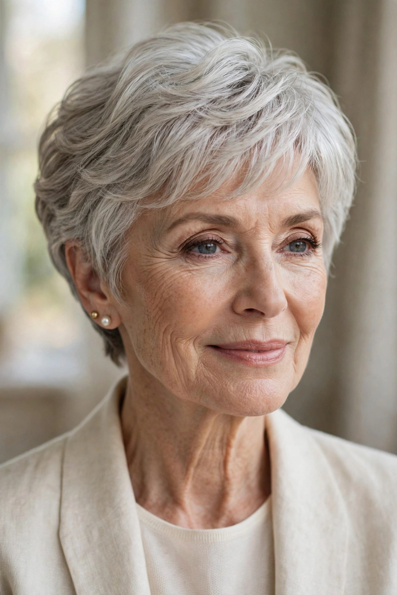 Soft stacked pixie haircut with rounded fullness on a woman in her 60s