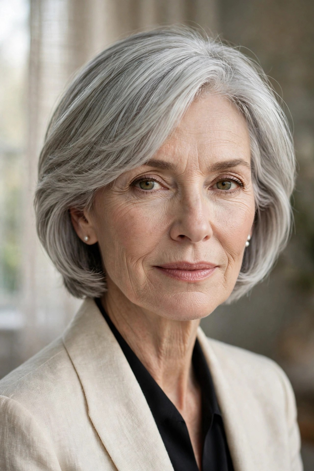 Ear-length layered haircut with neat outline on a woman in her 60s