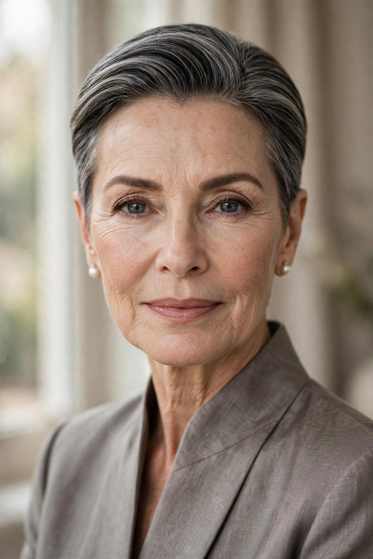 Polished tapered crop haircut on a woman in her 60s