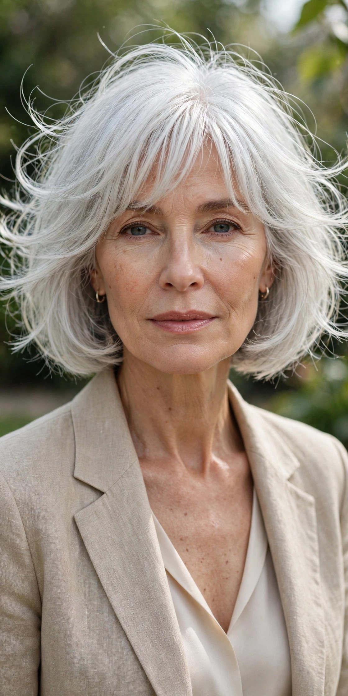 Airy silver bob haircut with light floating layers on a woman in her 60s
