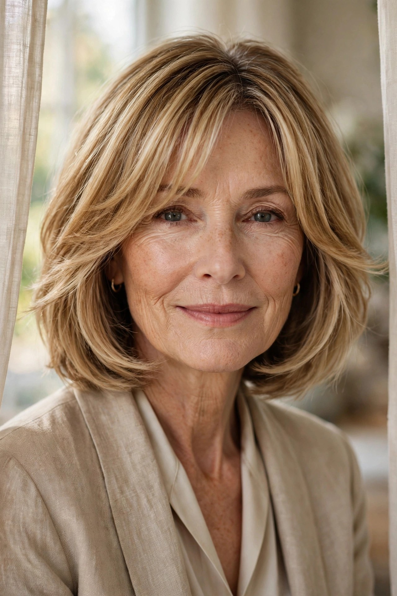 Layered bob with curtain pieces framing the face on a woman in her 60s