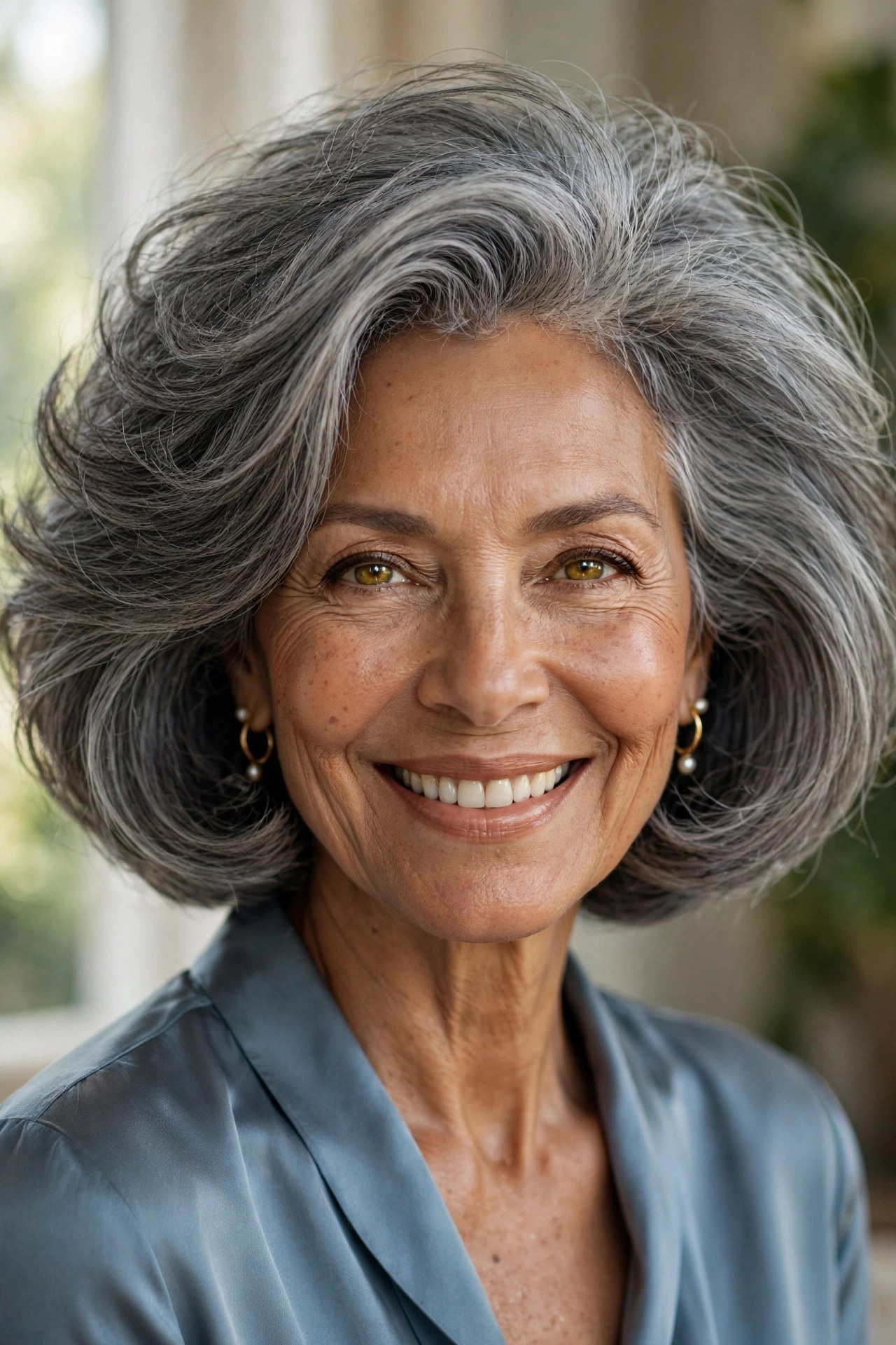 Full gray bob haircut with rich volume on a woman in her 60s