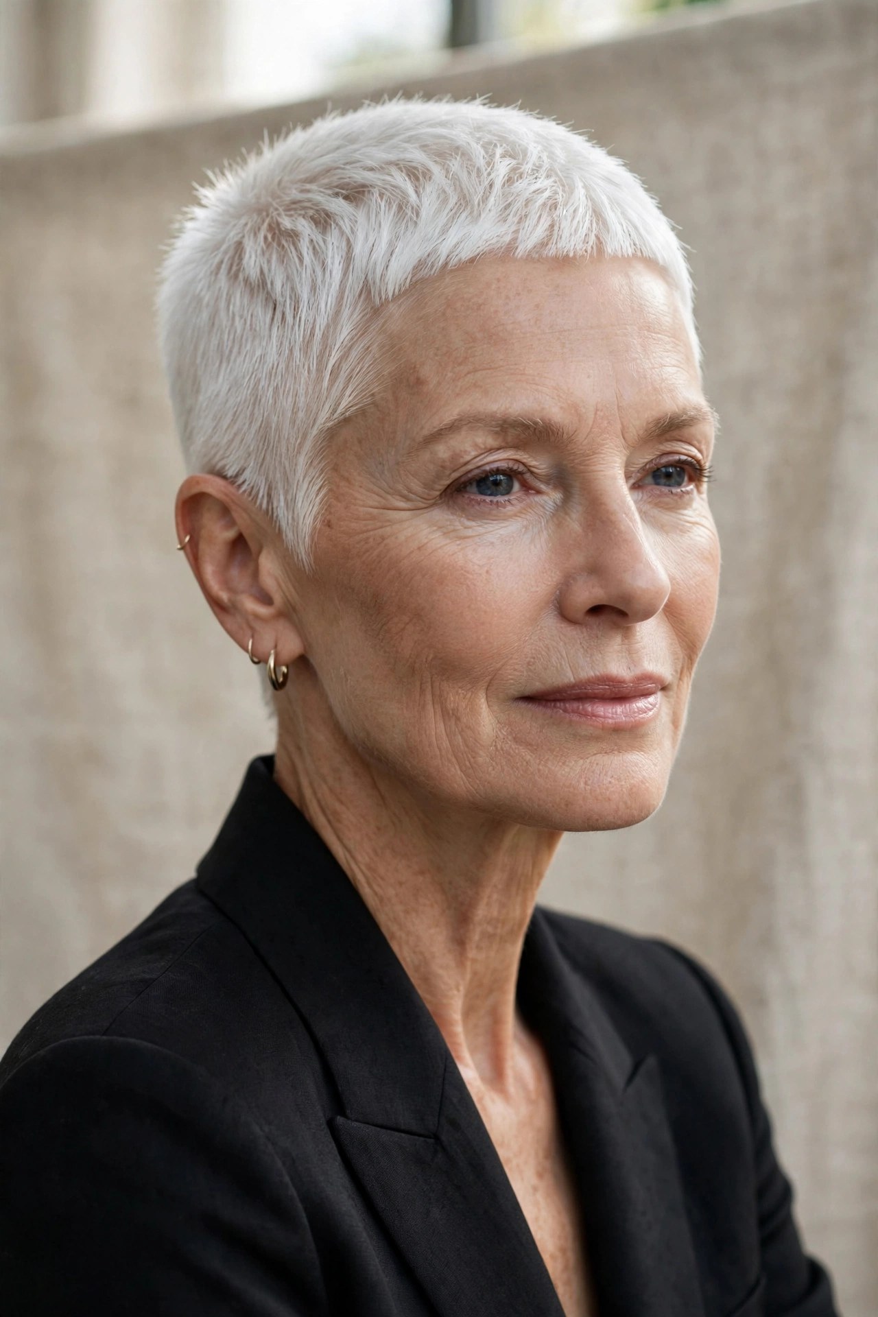 Short crop haircut with clean precise outline on a woman in her 60s
