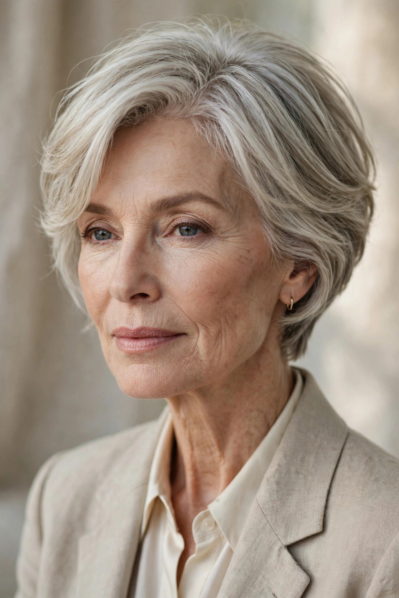 Timeless layered crop haircut on a woman in her 60s