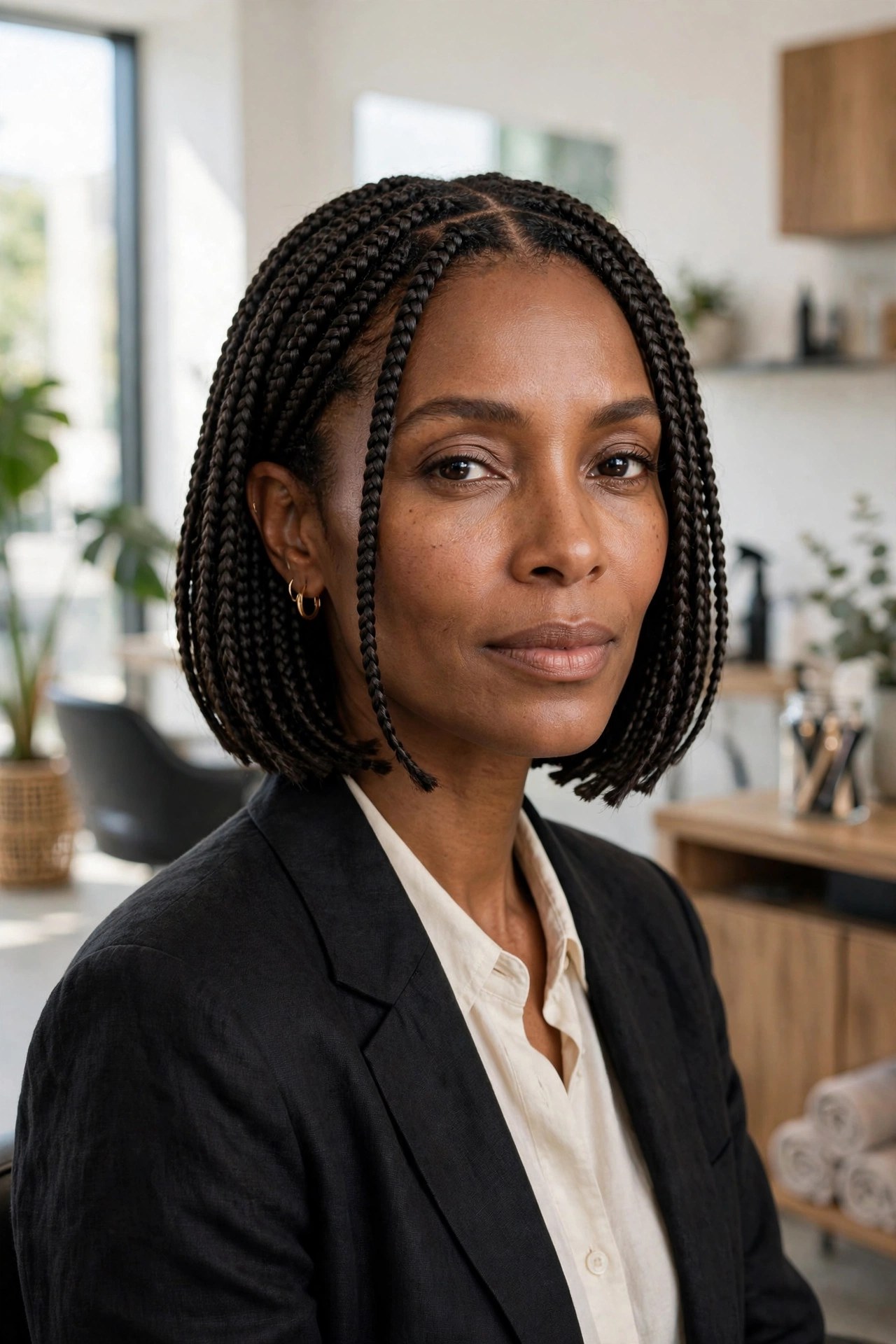 Black woman with a classic chin-length box braid bob and center part