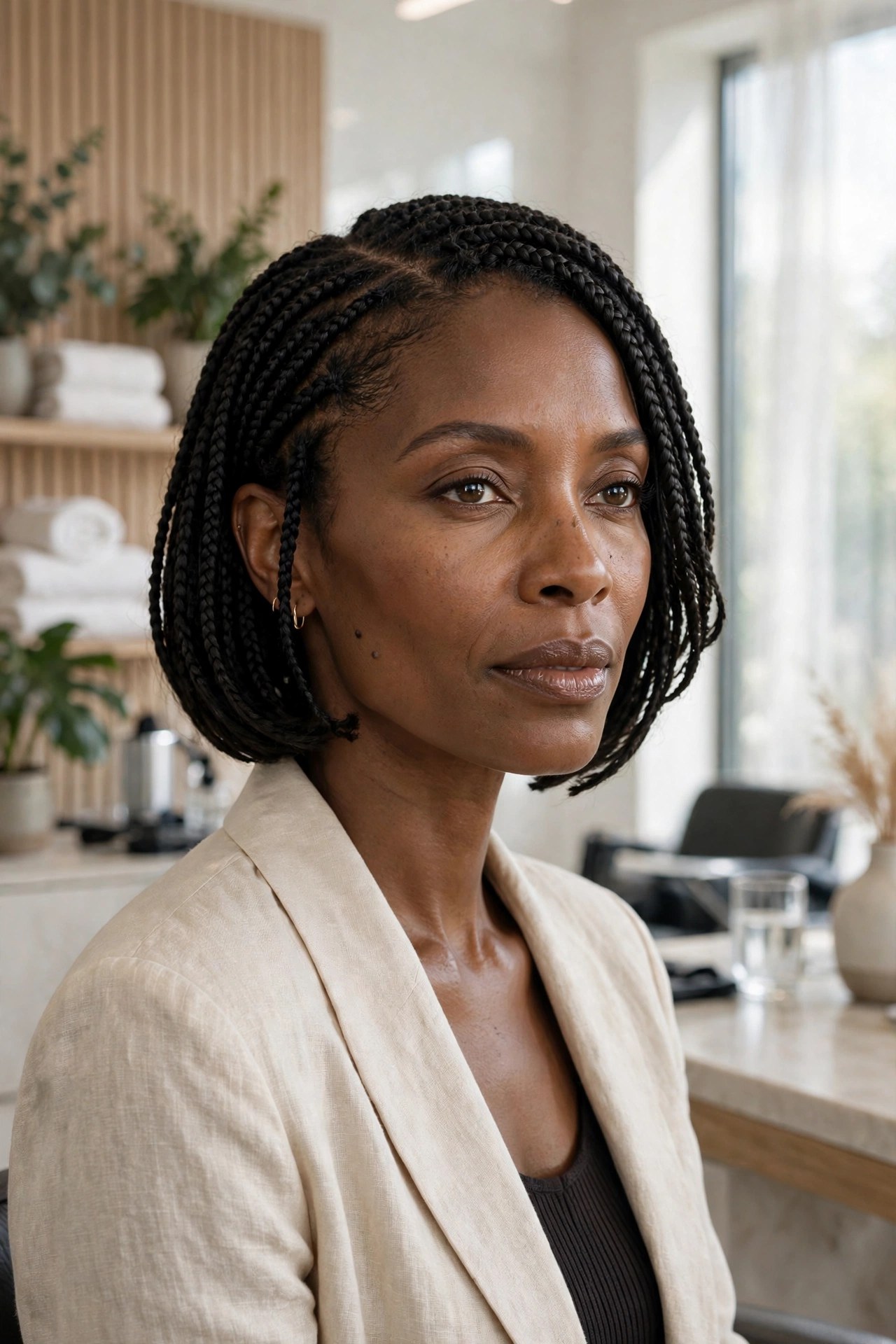 Woman in her 40s with a lightweight knotless braid bob