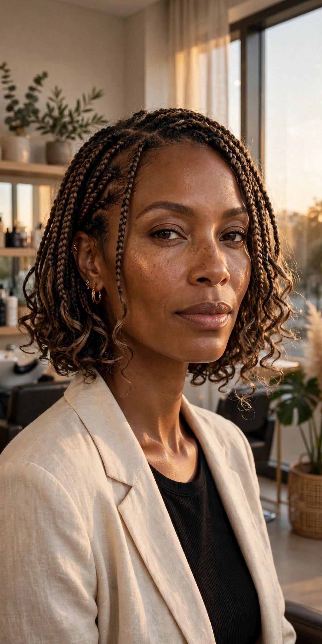 Woman with a boho bob braid style ending in loose curls