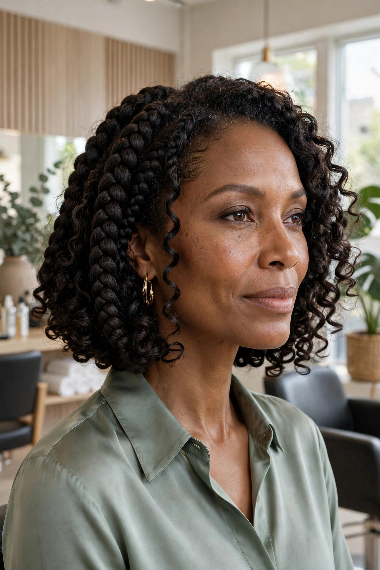 Elegant woman with a goddess braid bob full of soft curls