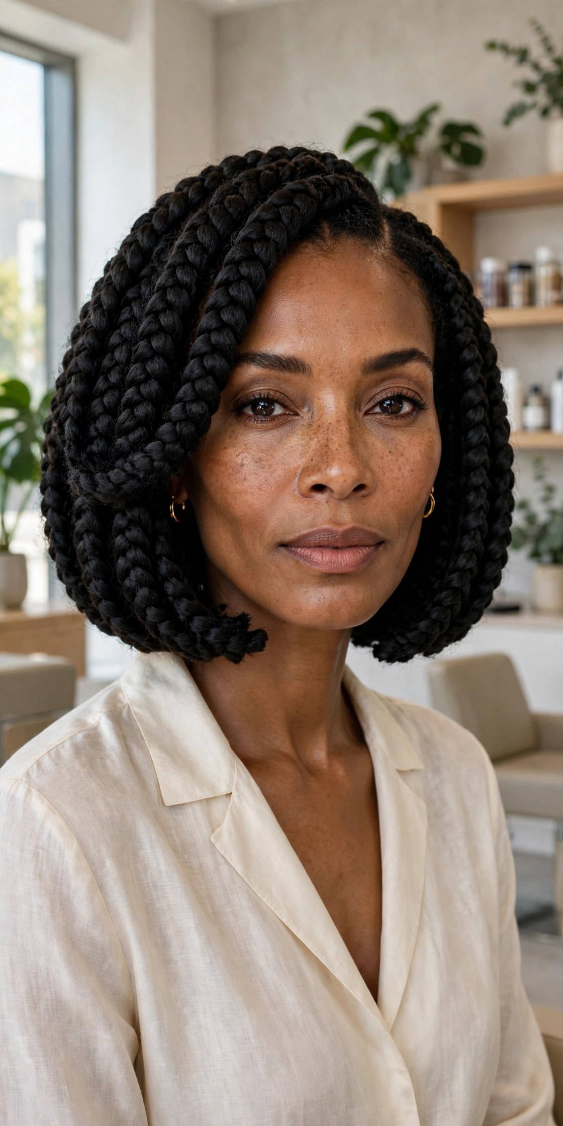 Confident woman wearing jumbo box braids in a blunt bob