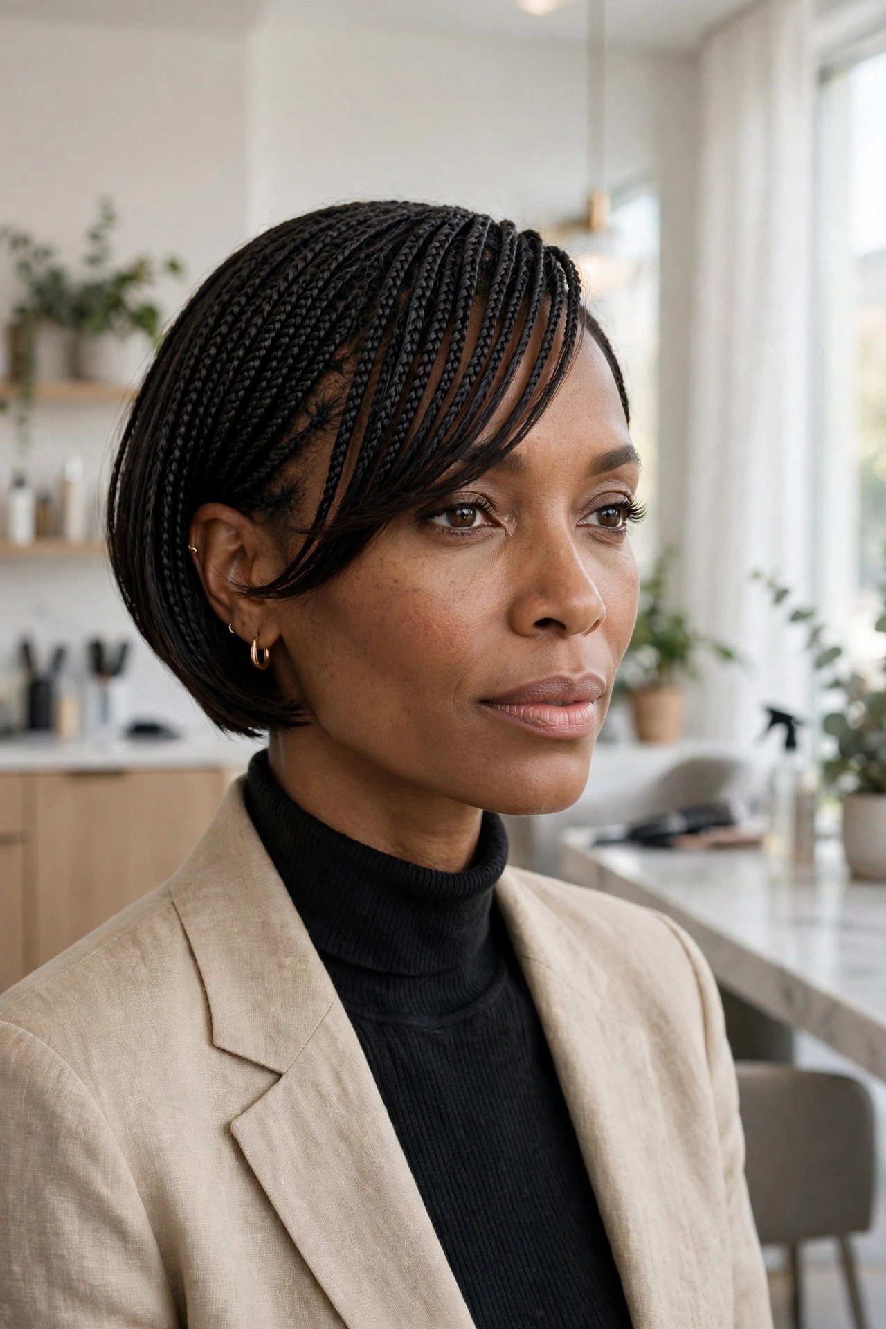 Woman with delicate micro braids in a sleek angled bob