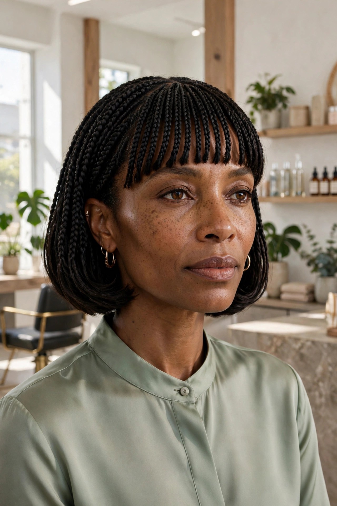 Woman with a chin-length braided bob and braided bangs