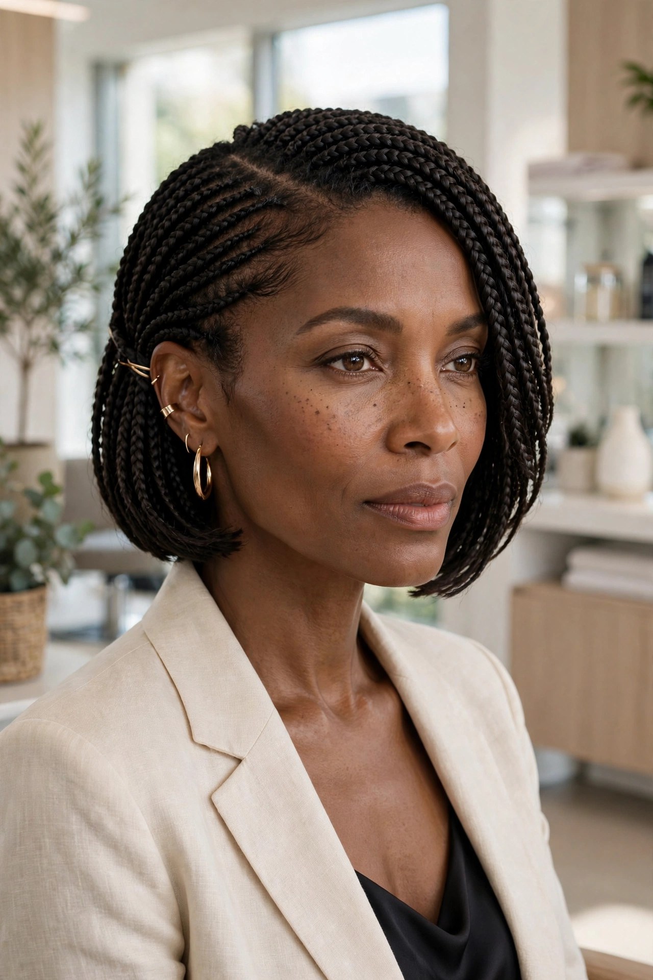 Elegant woman with a deep side-part braided bob