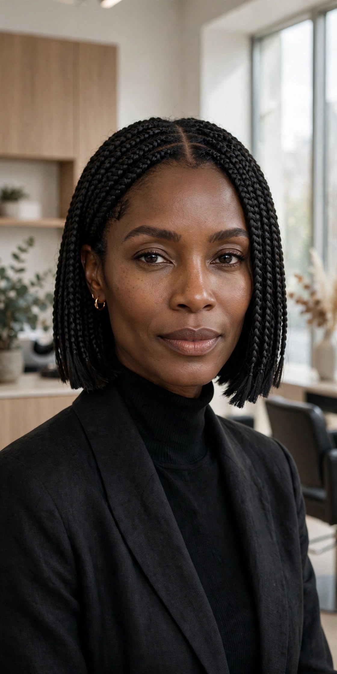 Woman with a sharp center-part blunt braided bob